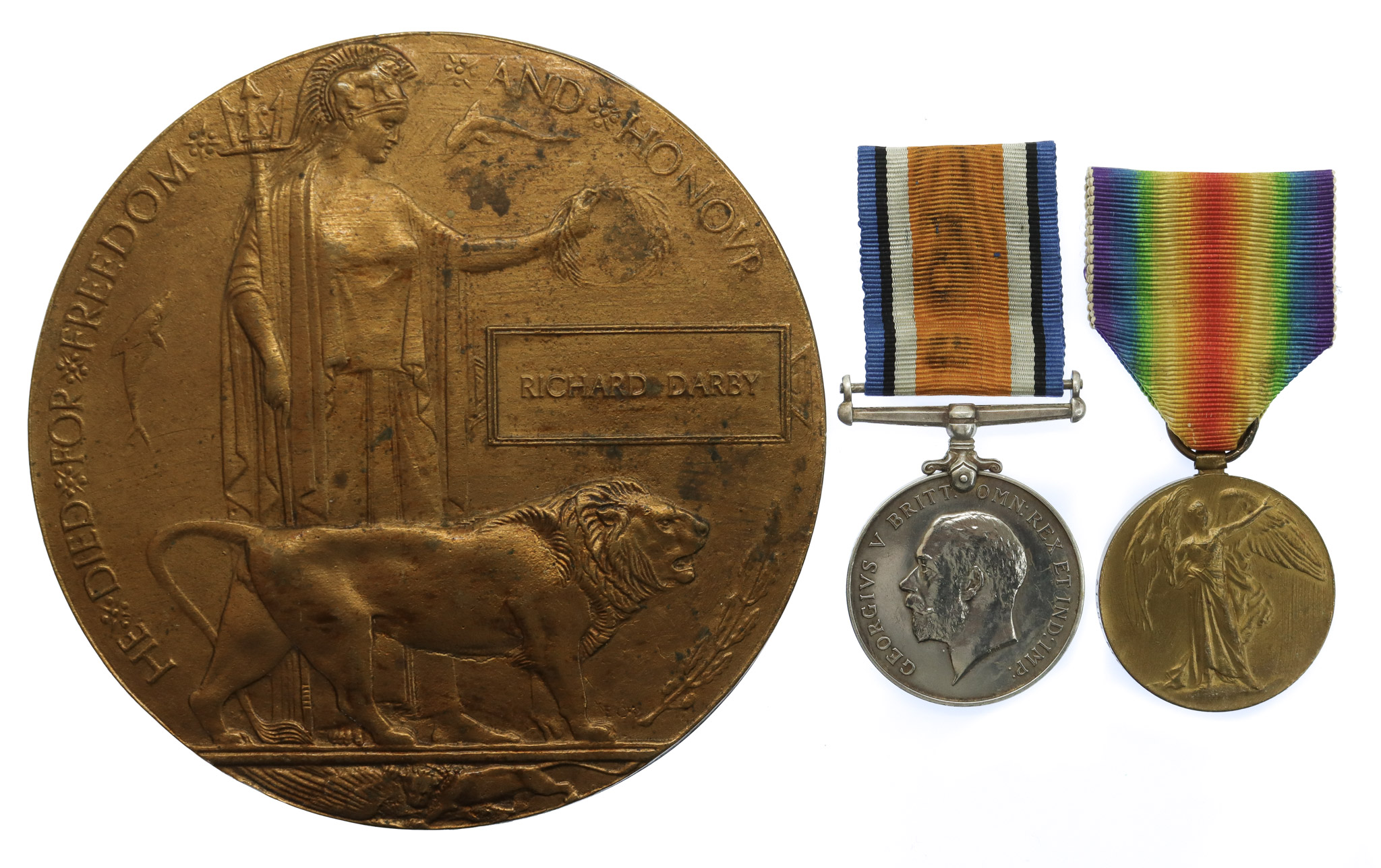 WW1 British War Medal, Victory Medal and Memorial Plaque - Pte. R. Darby, 9th Bn. Notts & Derby Regiment (Sherwood Foresters) - Died of Wounds 16/7/17