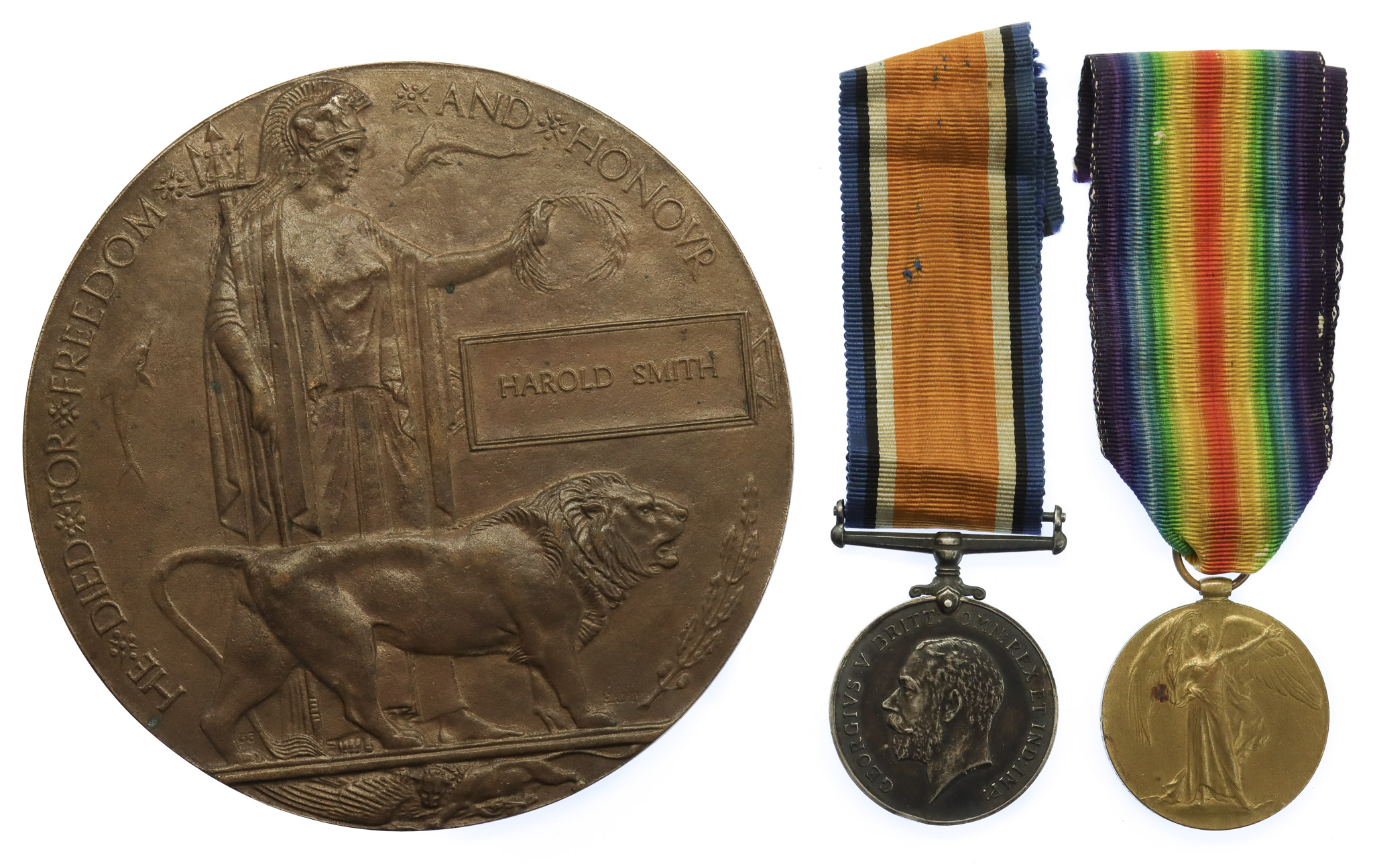 WW1 British War Medal, Victory Medal and Memorial Plaque - Pte. H. Smith, 16th (Chatsworth Rifles) Bn. Notts & Derby Regiment (Sherwood Foresters) - K.I.A. 10/11/17