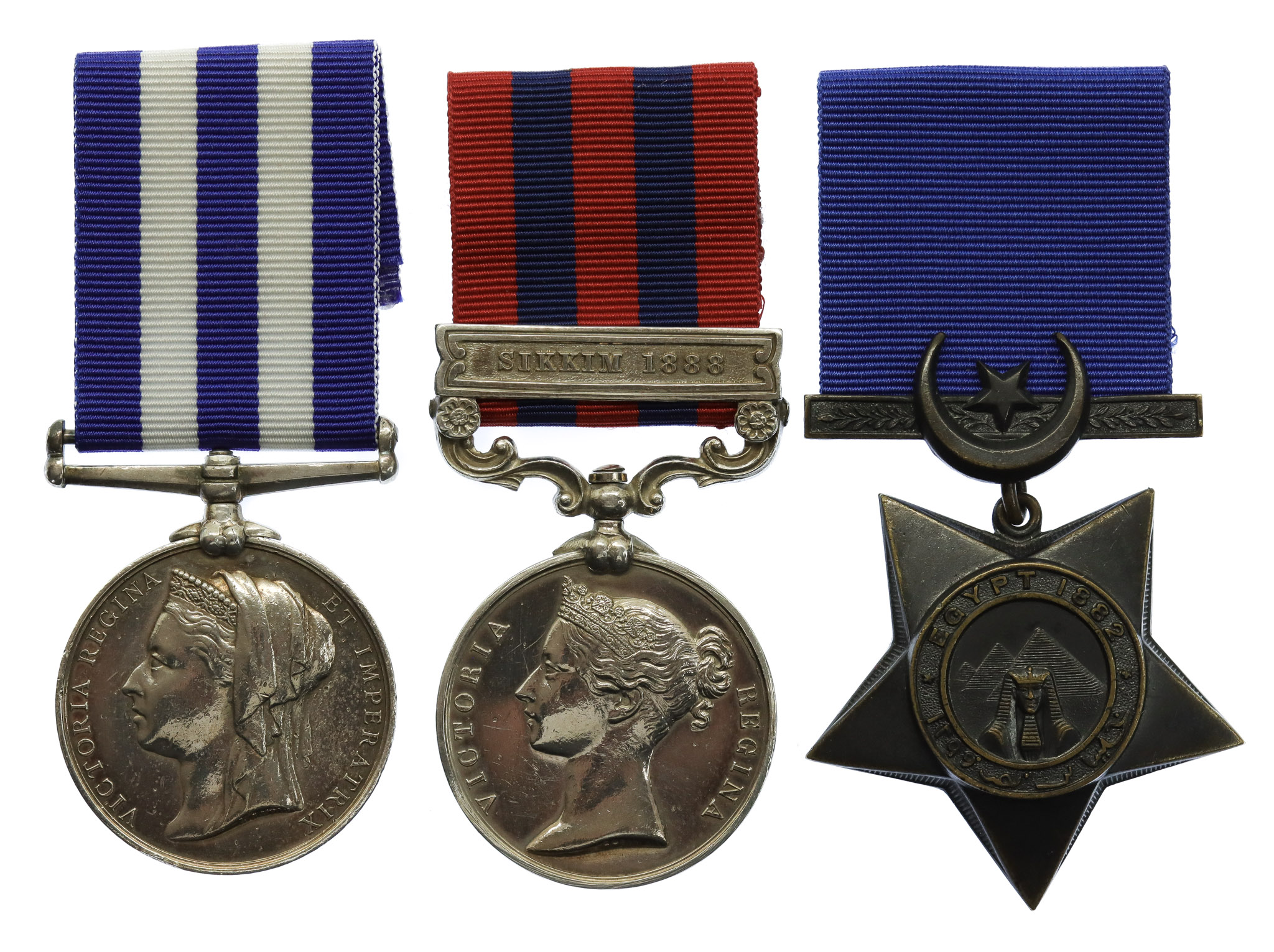Egypt Medal, 1854 India General Service Medal (Clasp - Sikkim 1888) and Khedives Star 1882 Medal Group of Three - Pte. E. Ginks, 2nd Bn. Derbyshire Regiment