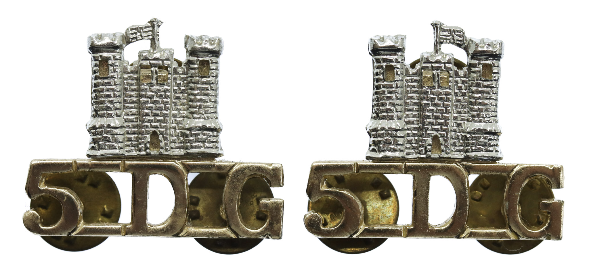 Pair of 5th (Royal Inniskilling) Dragoon Guards (Castle/5DG) Anodised (Staybrite) Shoulder Titles