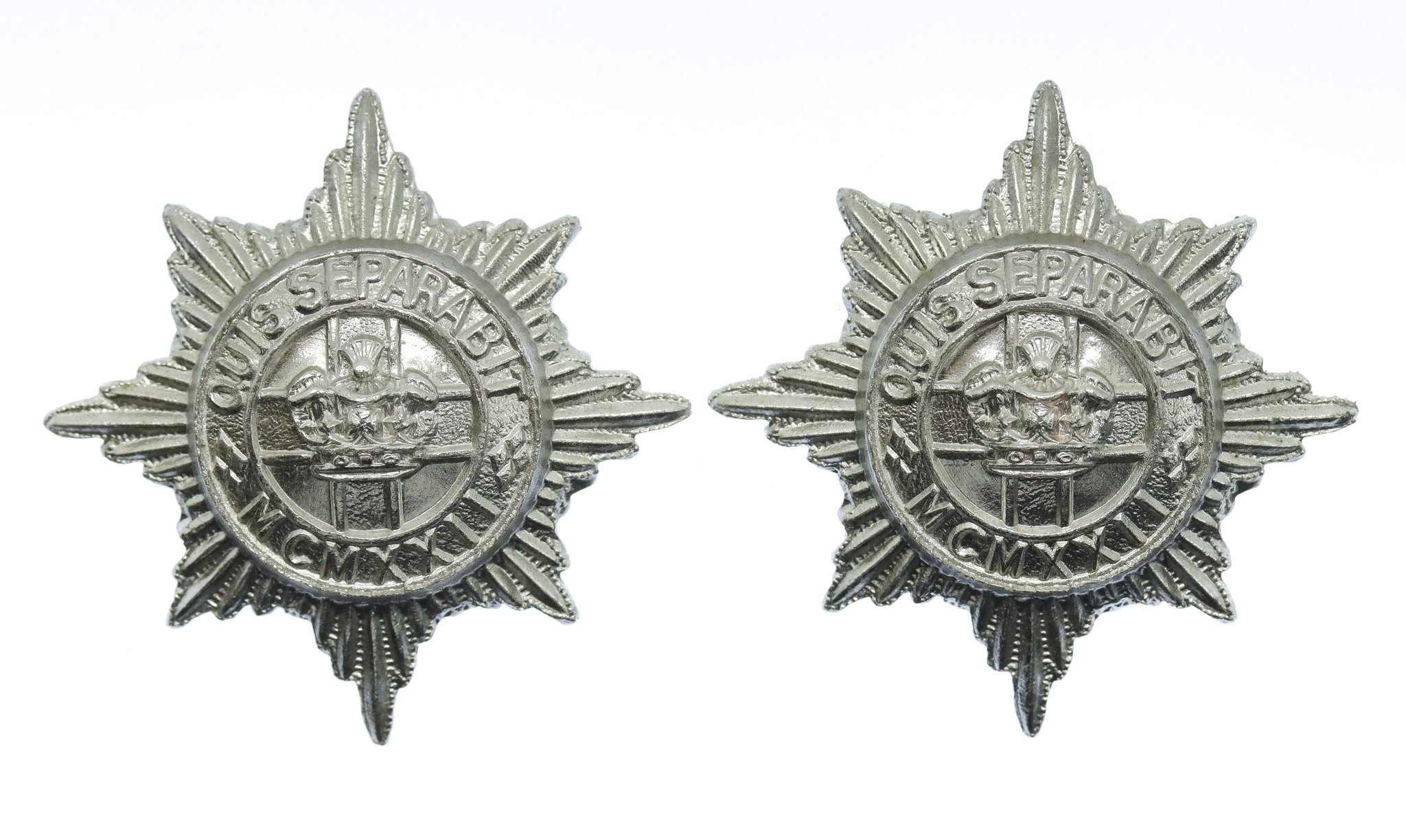 Pair of 4th/7th Royal Dragoon Guards Anodised (Staybrite) Collar Badges
