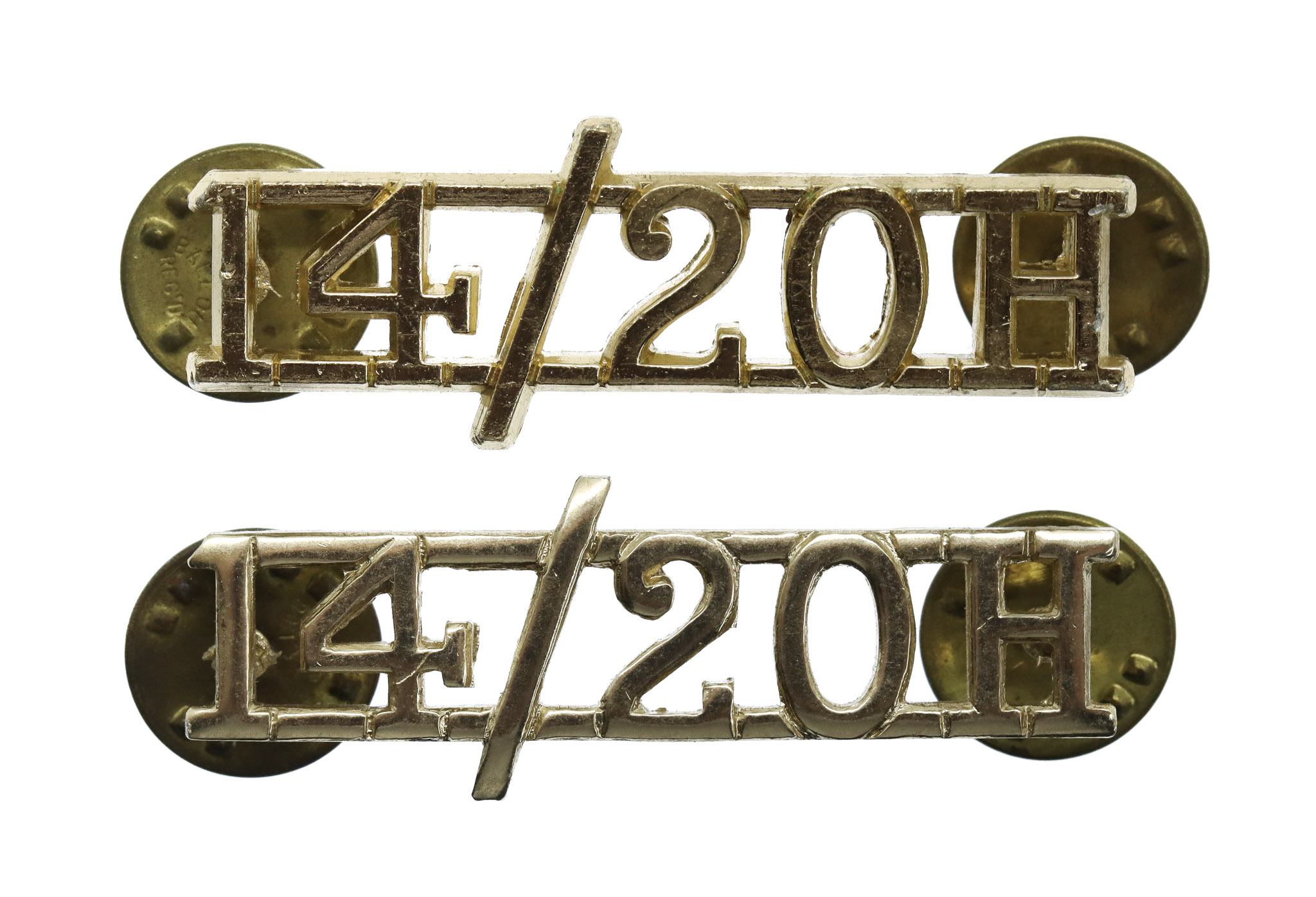 Pair of 14th/20th Hussars (14/20H) Anodised (Staybrite) Shoulder Titles