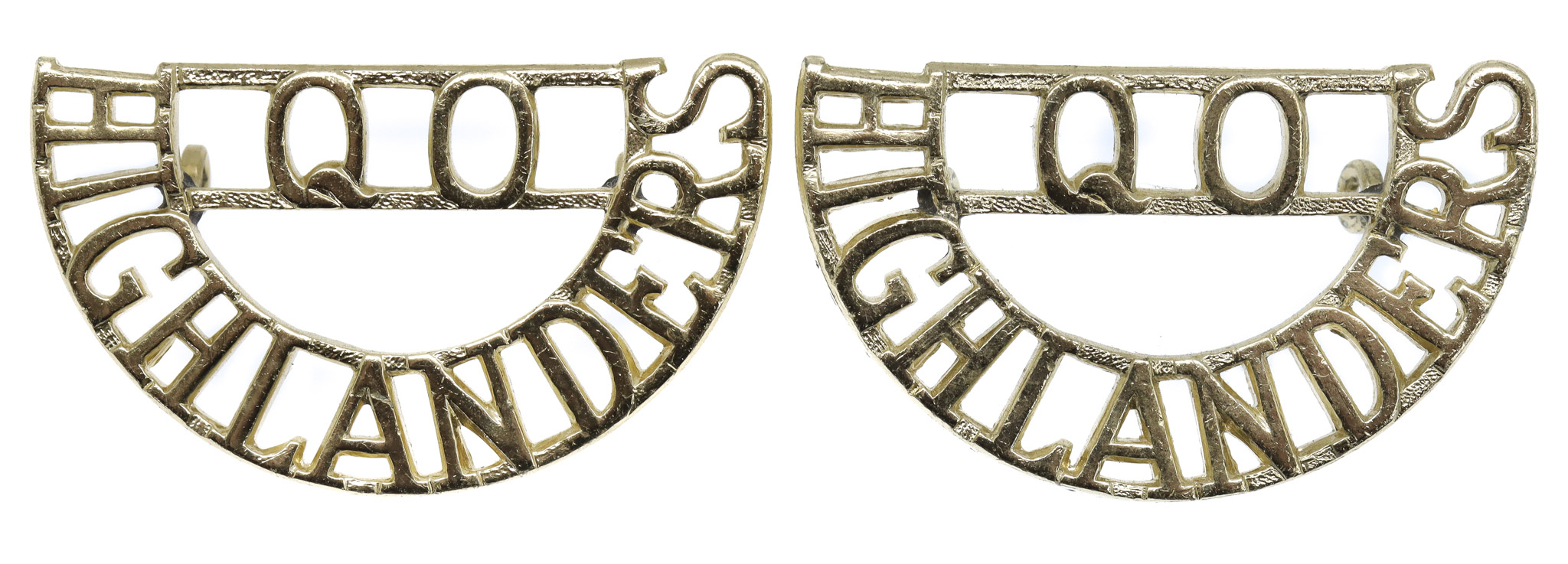 Pair of Queen's Own Highlanders (Q.O./HIGHLANDERS) Anodised (Staybrite) Shoulder Titles
