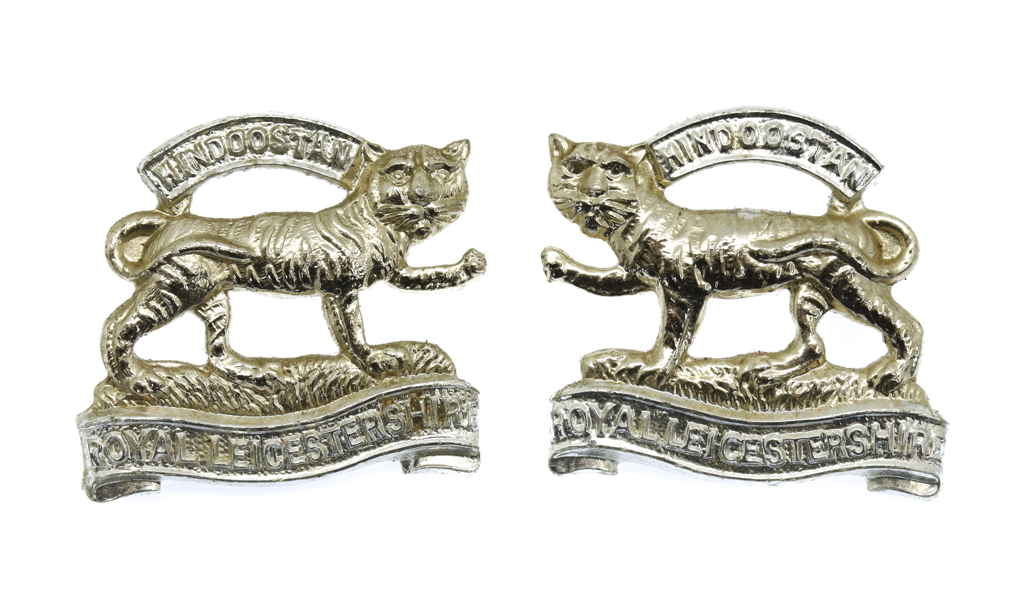 Pair of Royal Leicestershire Regiment Anodised (Staybrite) Collar Badges