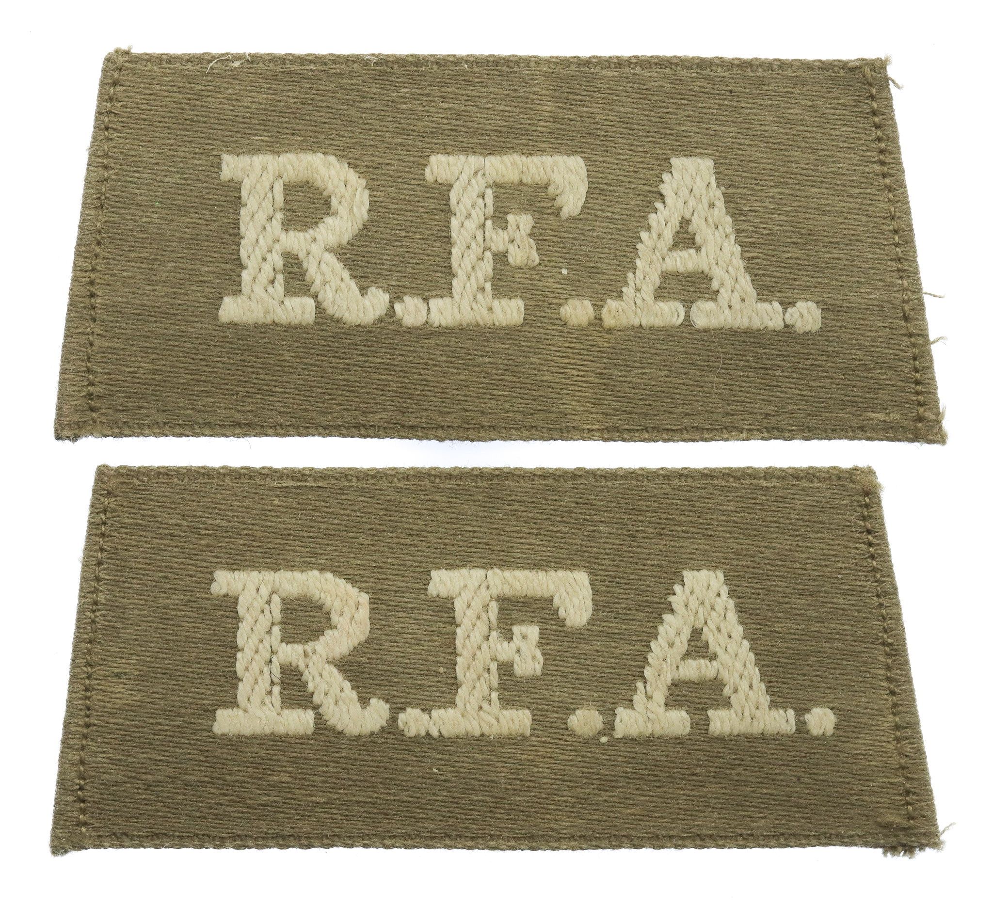 Pair of Royal Field Artillery (R.F.A.) WW1 Cloth Slip On Shoulder Titles