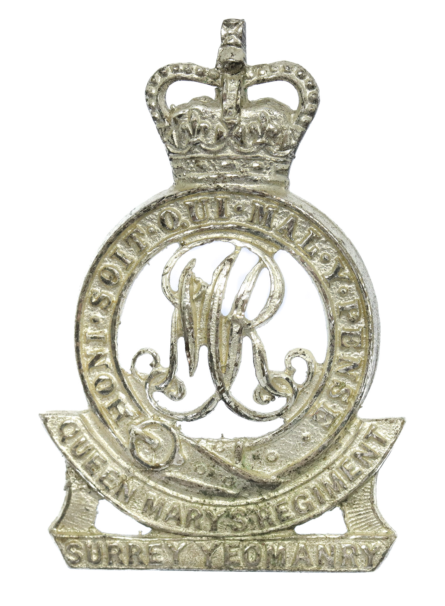 Surrey Yeomanry (Queen Mary's Regiment) Officer's Silvered Cap Badge - Queen's Crown