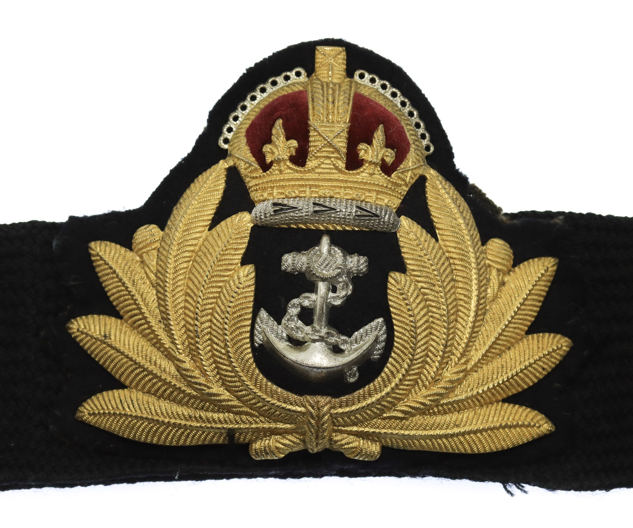 Royal Navy Officer's Gilt Metal Economy Cap Badge & Band - King's Crown