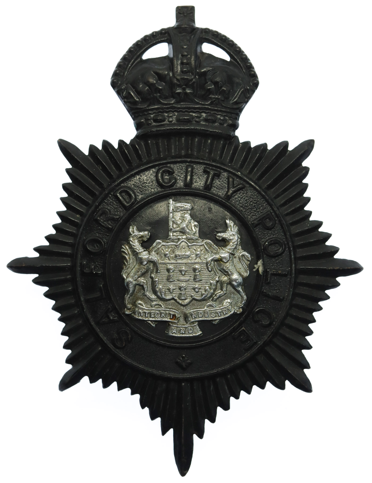 Salford City Police Night Helmet Plate - King's Crown 
