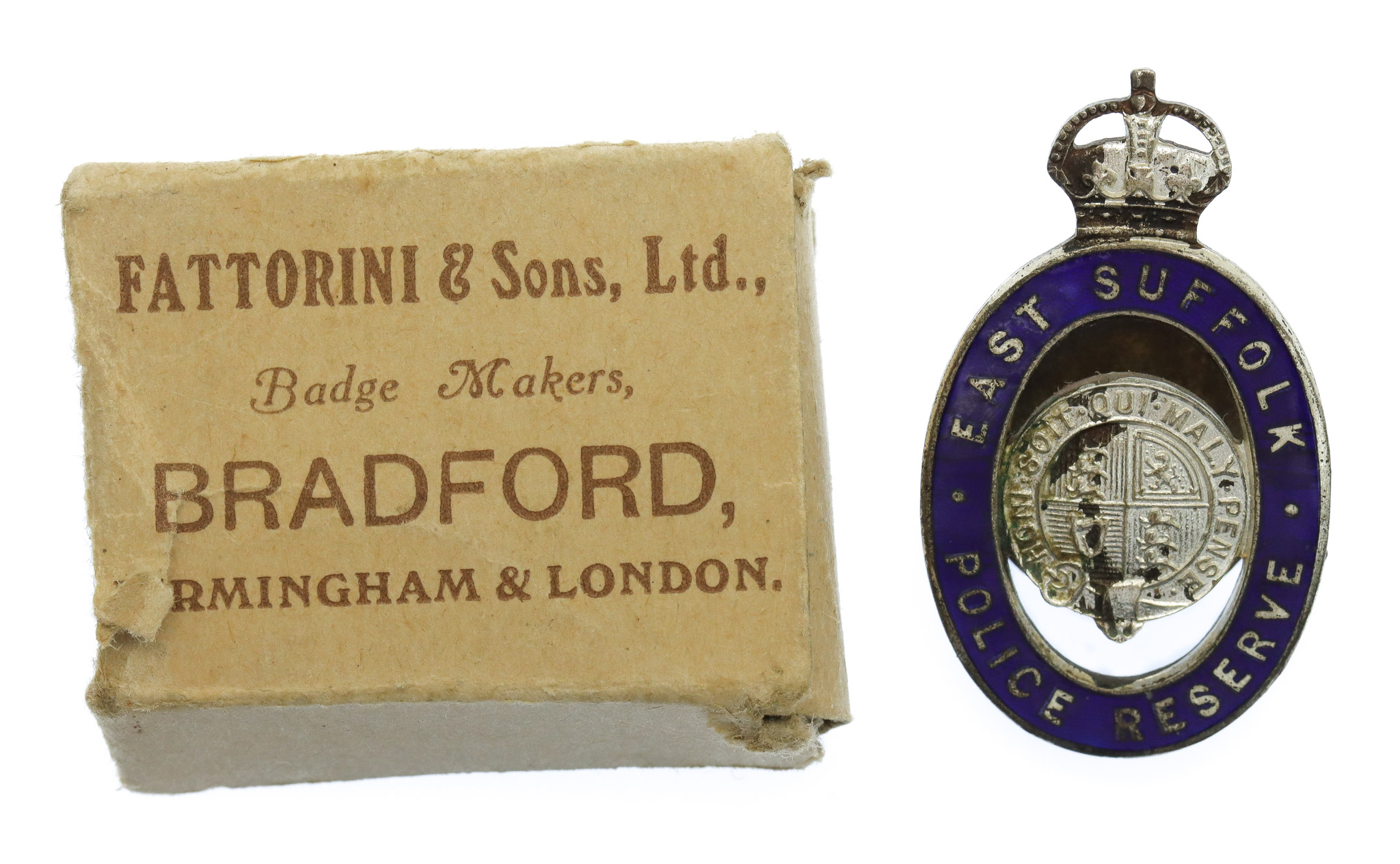 East Suffolk Police Reserve Enamelled Lapel Badge with Box - King's Crown