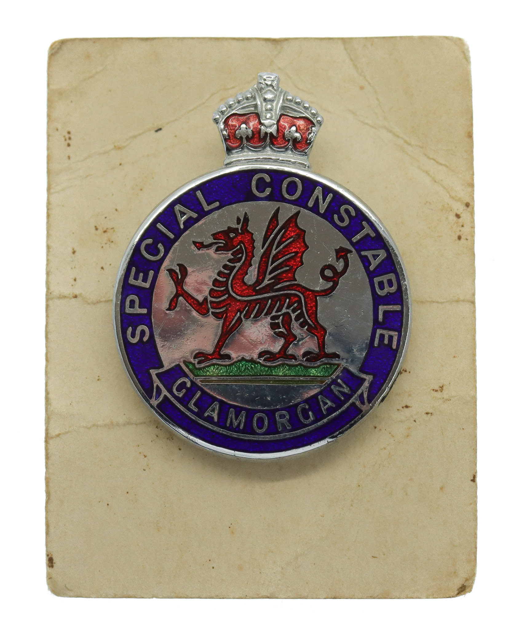Glamorgan Special Constabulary Enamelled Lapel Badge on Card - King's Crown