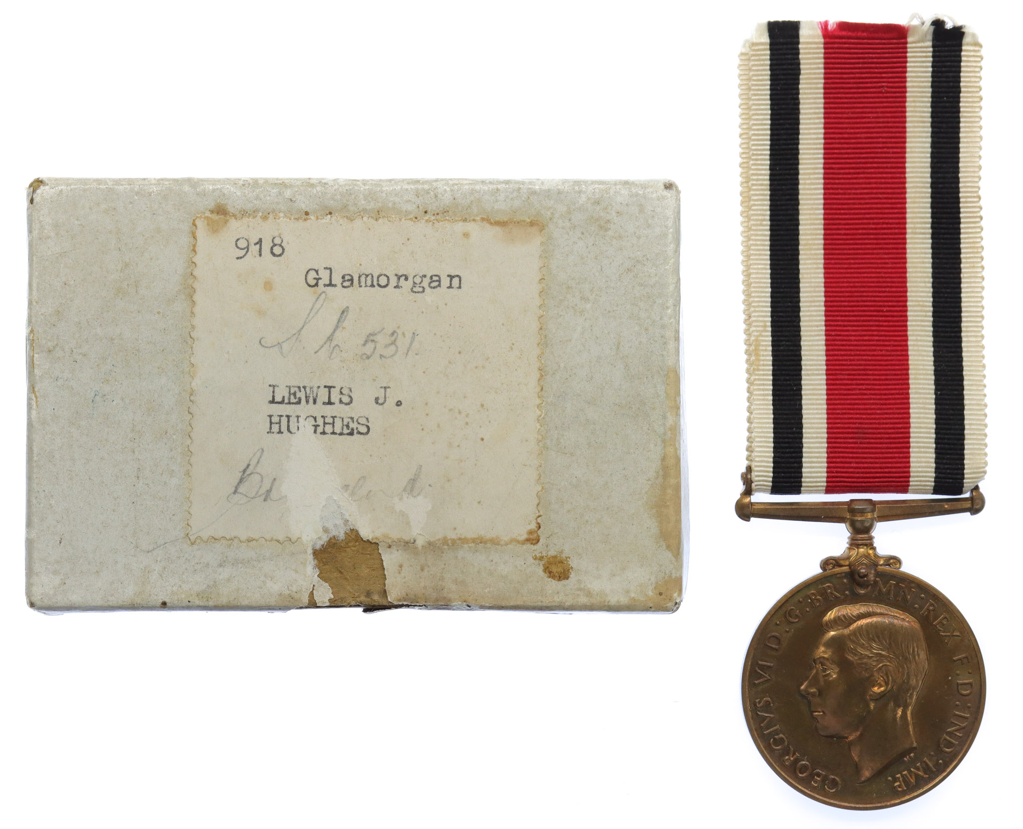 George VI Special Constabulary Long Service Medal in Box - Lewis J. Hughes, Glamorgan Special Constabulary