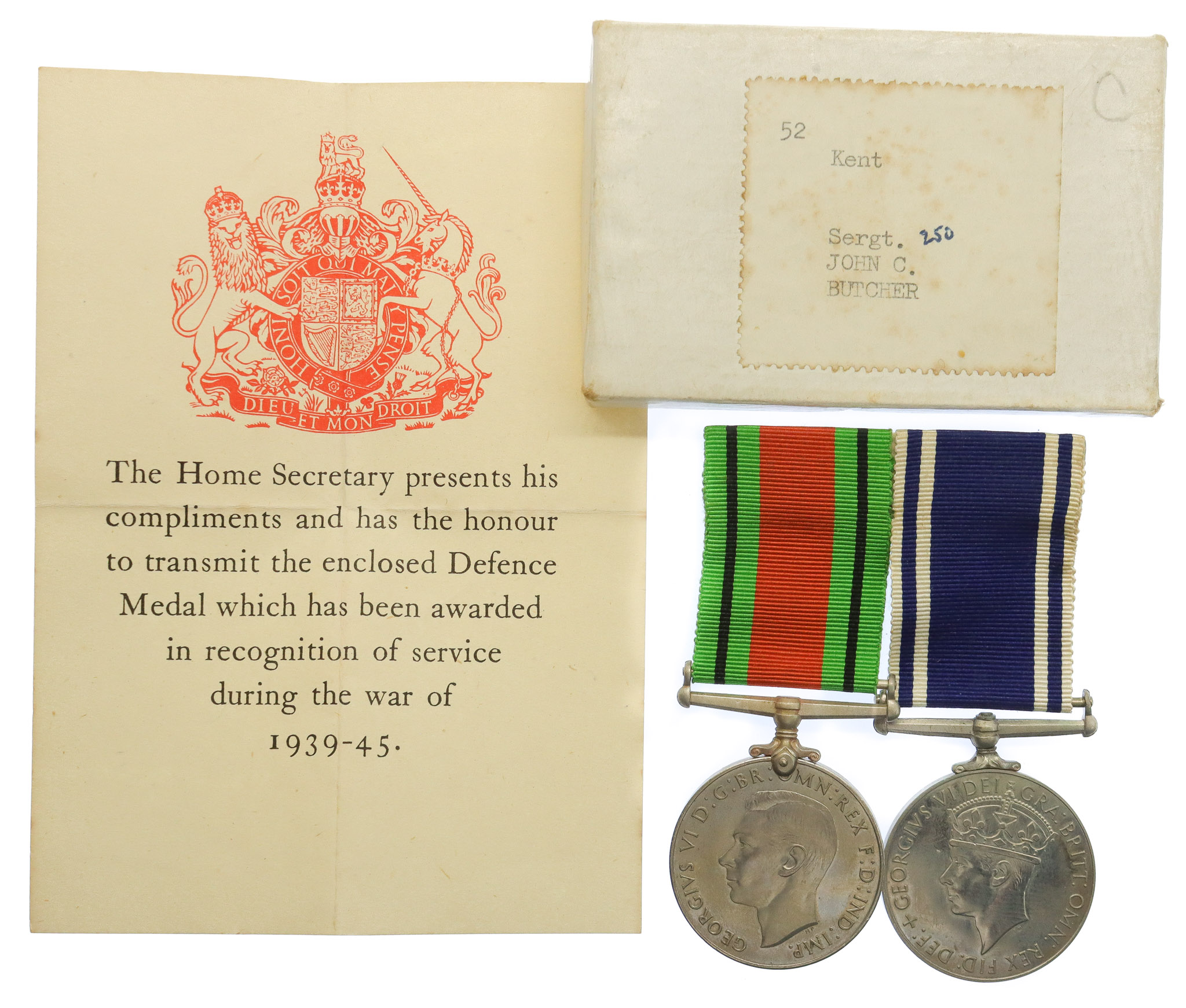 WW2 Defence Medal and Police Long Service & Good Conduct Medal Pair - Sergeant John C. Butcher, Kent County Constabulary