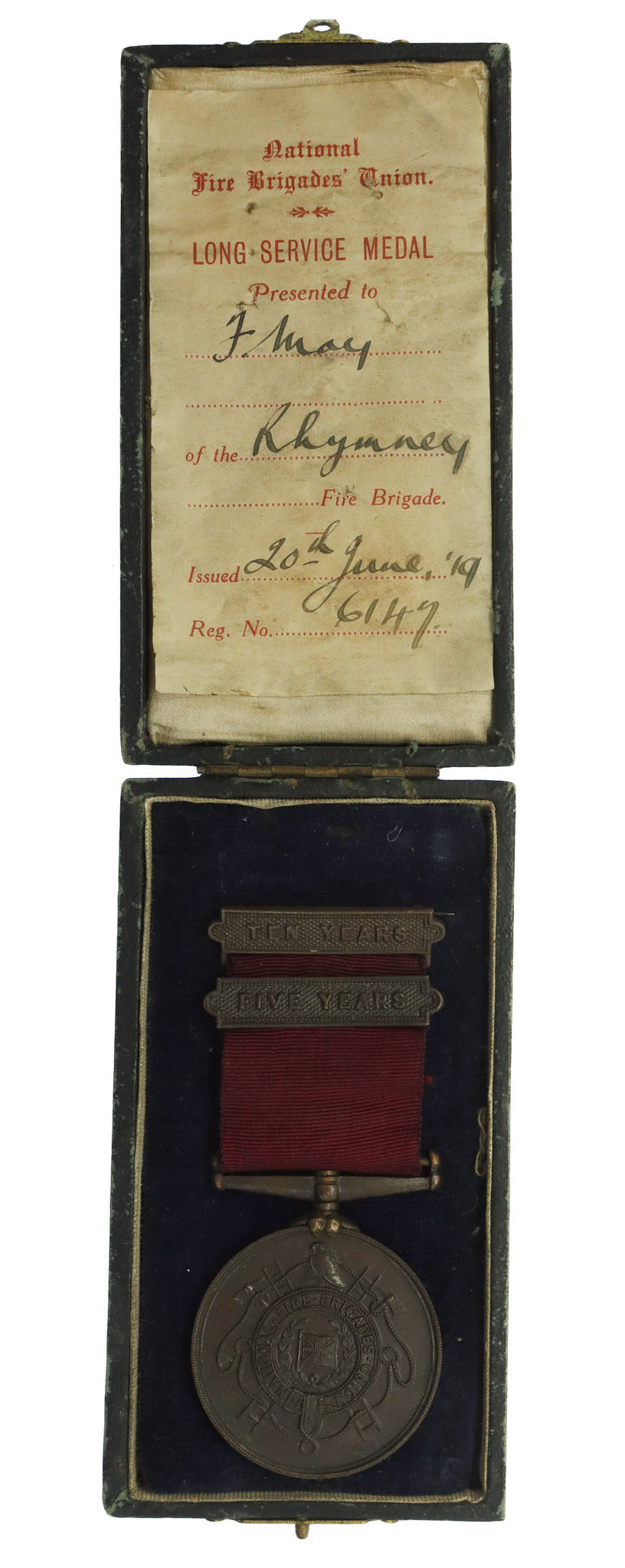 National Fire Brigades Union Long Service Medal in Box - F. May, Rhymney Fire Brigade