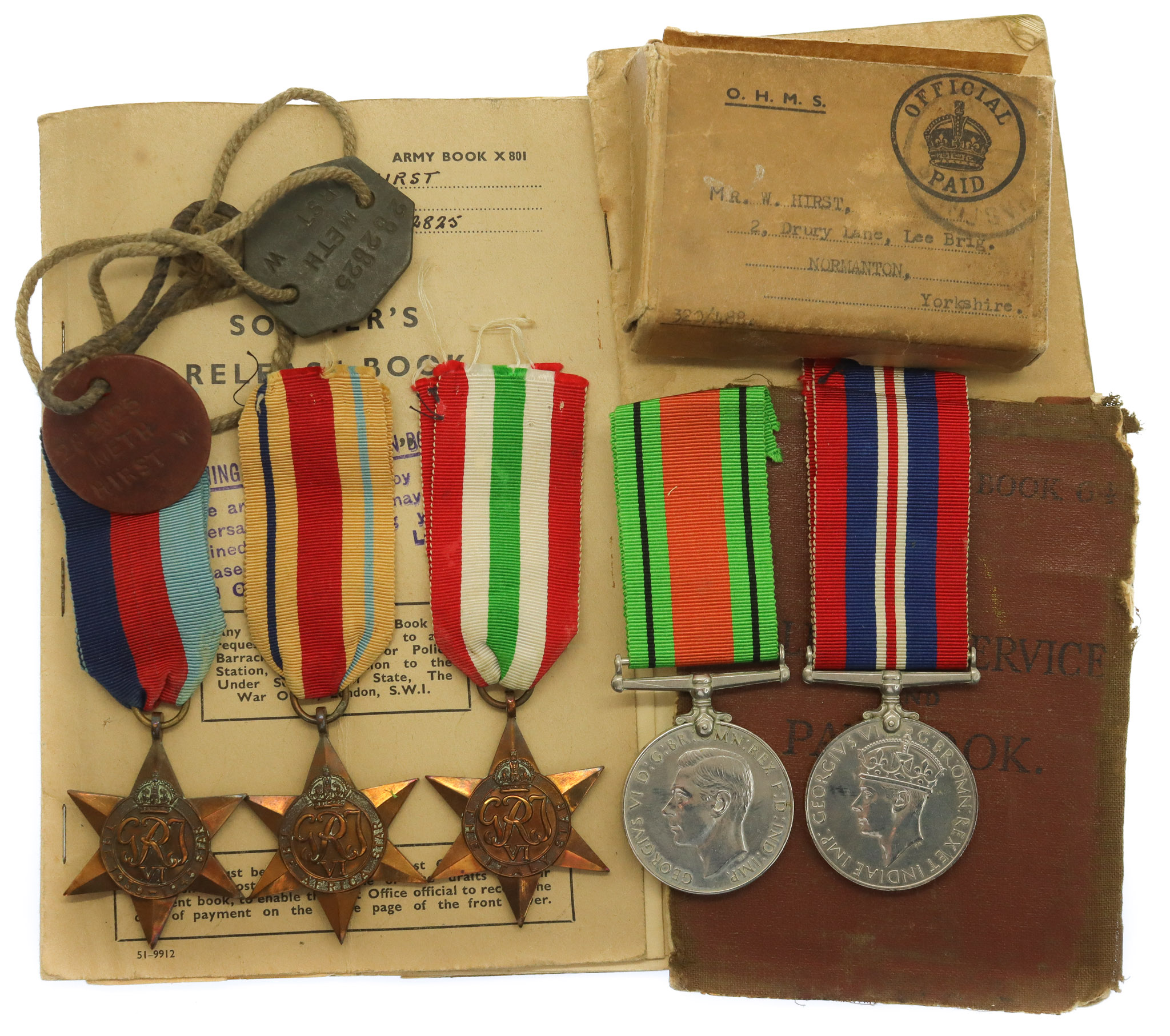 WW2 Medal Group of Five with Box of Issue, Dog Tags Soldier's Service and Pay Book and Soldier's Release Book - S.Sgt. W. Hirst, Royal Army Service Corps