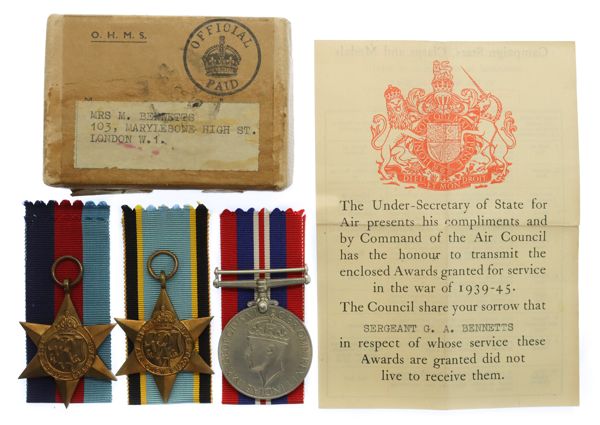WW2 Air Crew Europe Bomber Command Casualty Medal Group of Three - Sergt. G.A. Bennetts, 99 Sqdn. Royal Air Force Volunteer Reserve