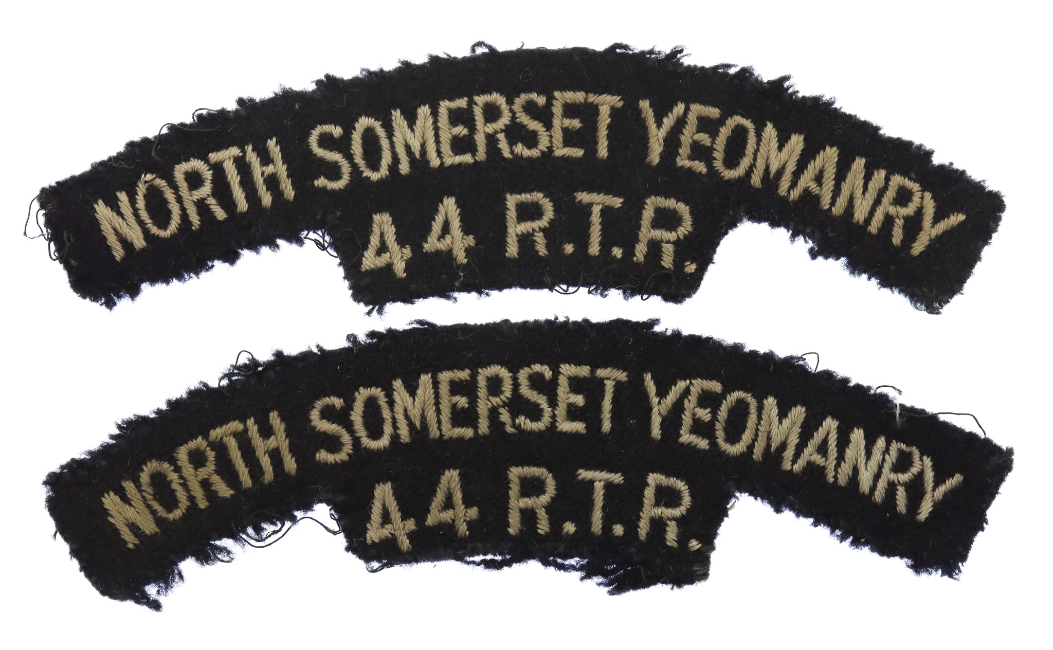  Pair of North Somerset Yeomanry  (NORTH SOMERSET YEOMANRY 44 R.T.R.) Cloth Shoulder Titles