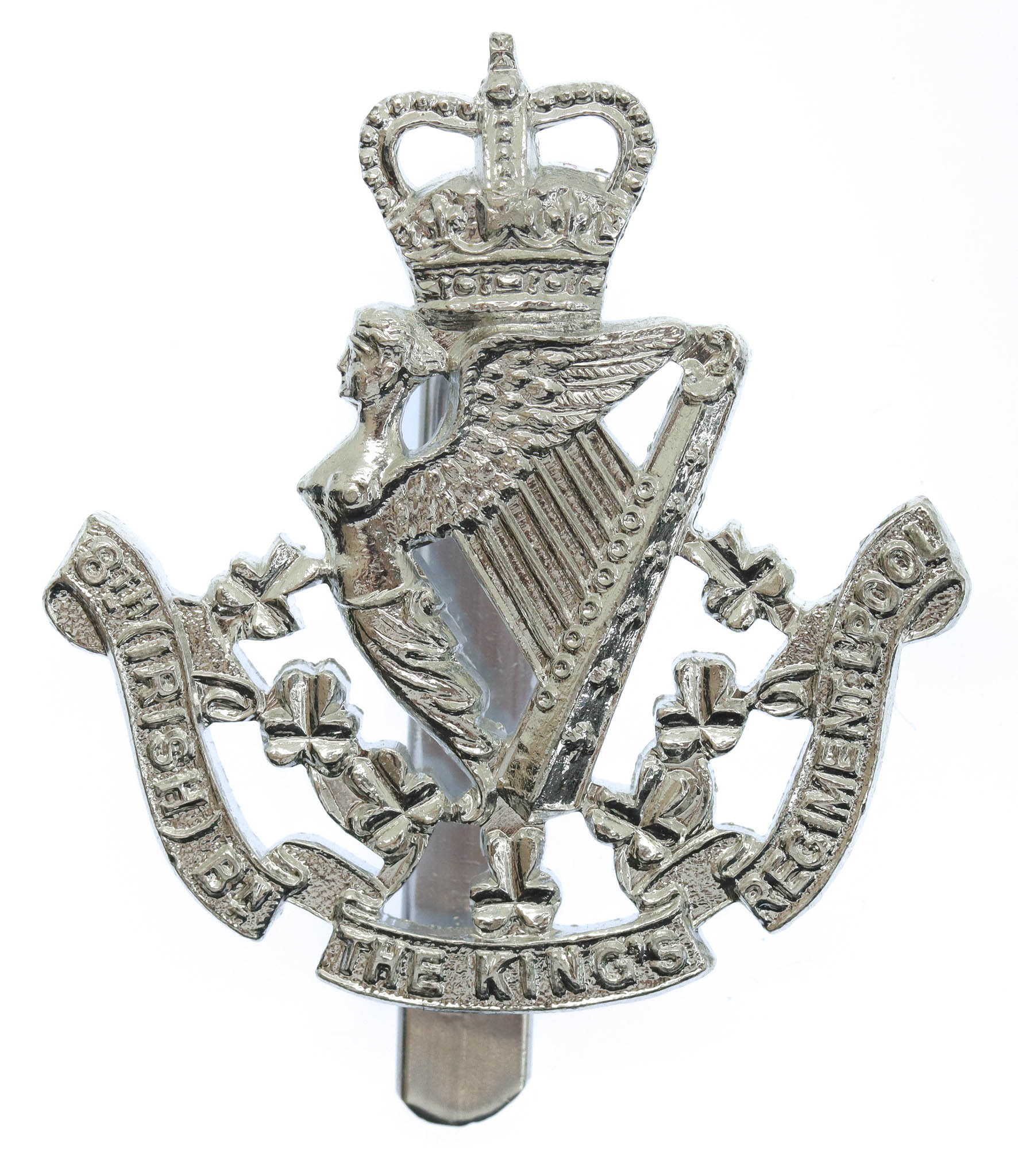 8th Irish Bn. The King's (Liverpool) Regiment Anodised (Staybrite) Cap Badge - Queen's Crown