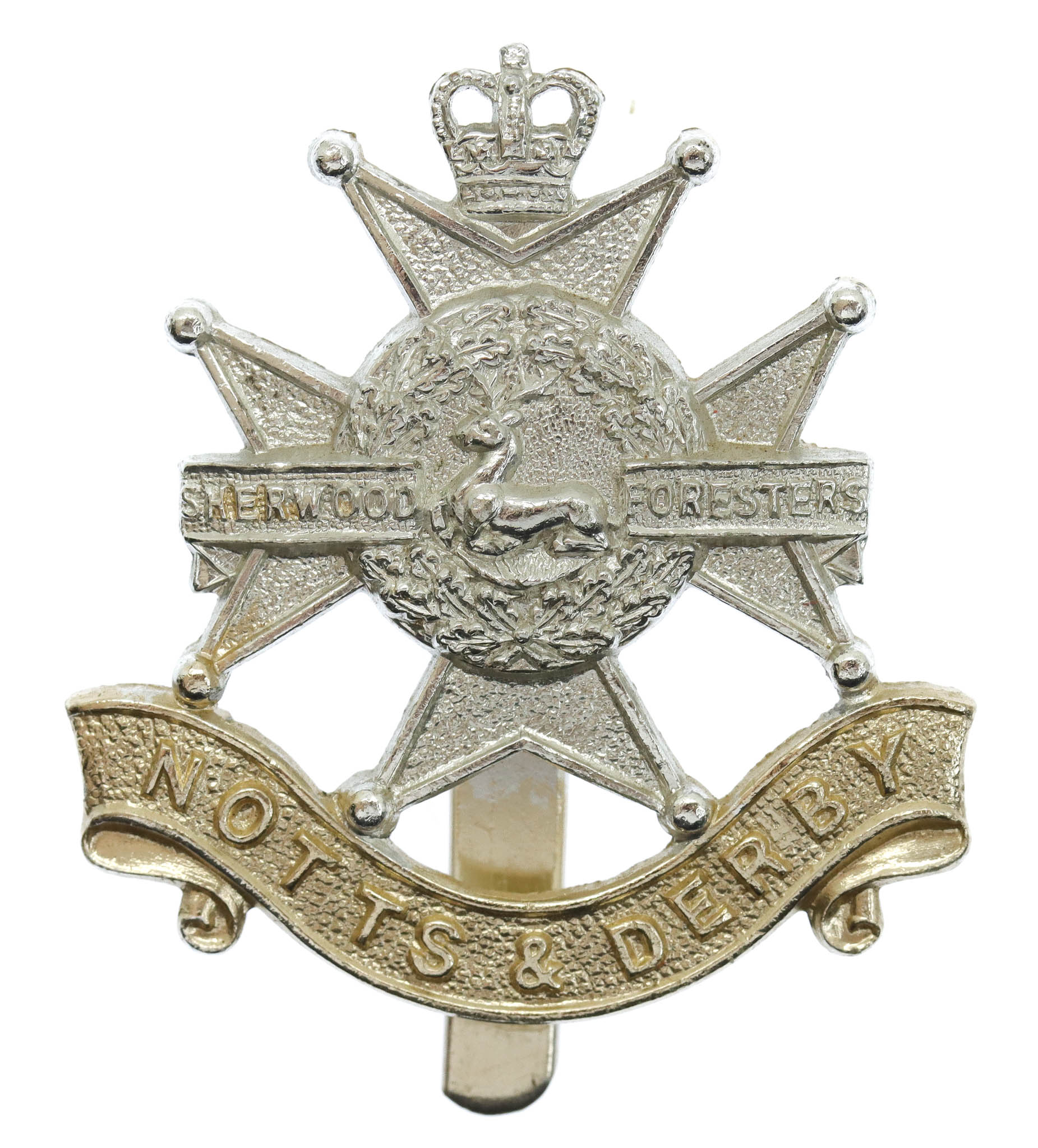 Notts & Derby Regiment (Sherwood Foresters) Anodised (Staybrite) Cap Badge - Queen's Crown