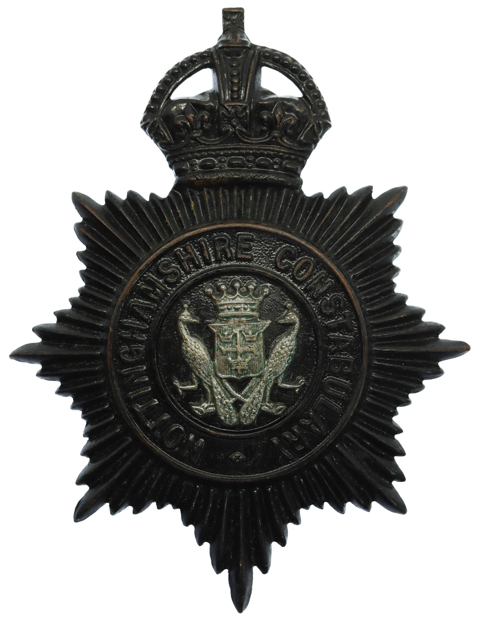 Nottinghamshire Constabulary Night Helmet Plate (Peacocks C.O.A. Centre) - King's Crown