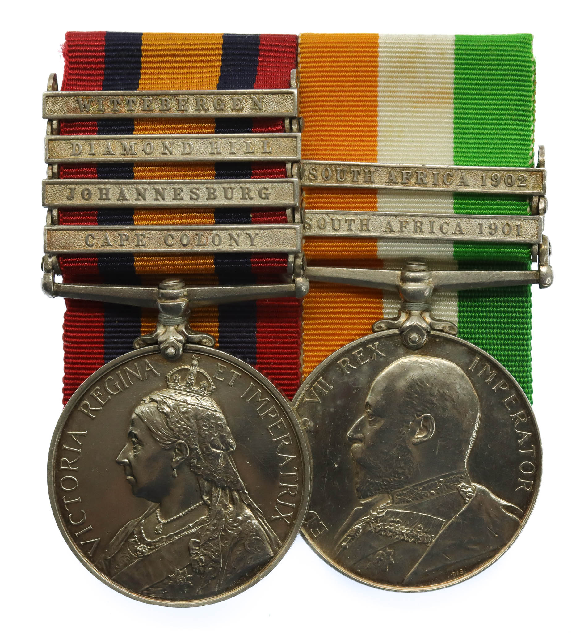 Queen's South Africa Medal (Clasps - Cape Colony, Johannesburg, Diamond Hill, Wittebergen) & King's South Africa Medal (Clasps - South Africa 1901, South Africa 1902) Pair - Pte. H.W. Baker, 2nd Bn. Lincolnshire Regiment