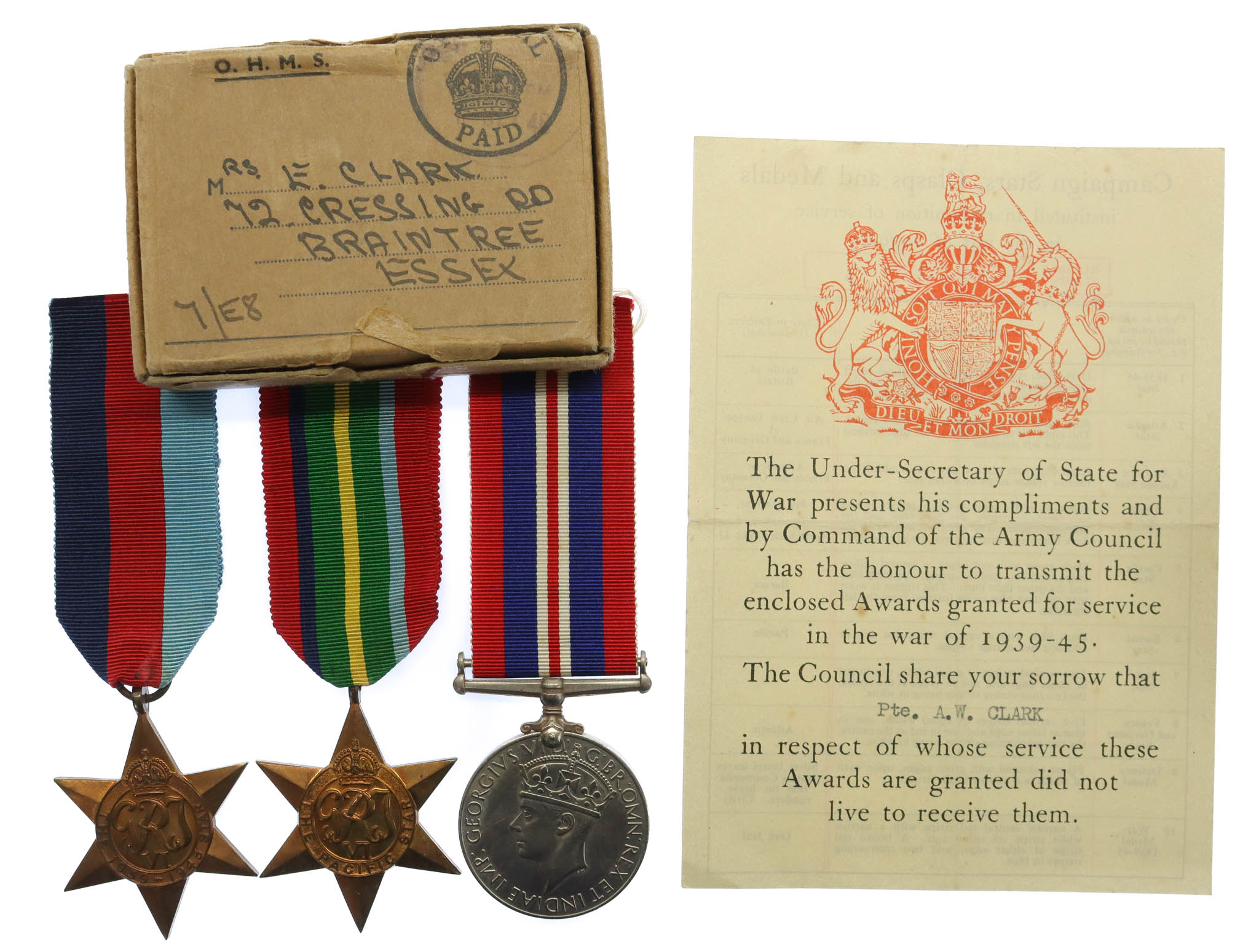 WW2 Japanese Prisoner of War Casualty Medal Group of Three - Pte. A.W. Clark, 4th Bn. Suffolk Regiment