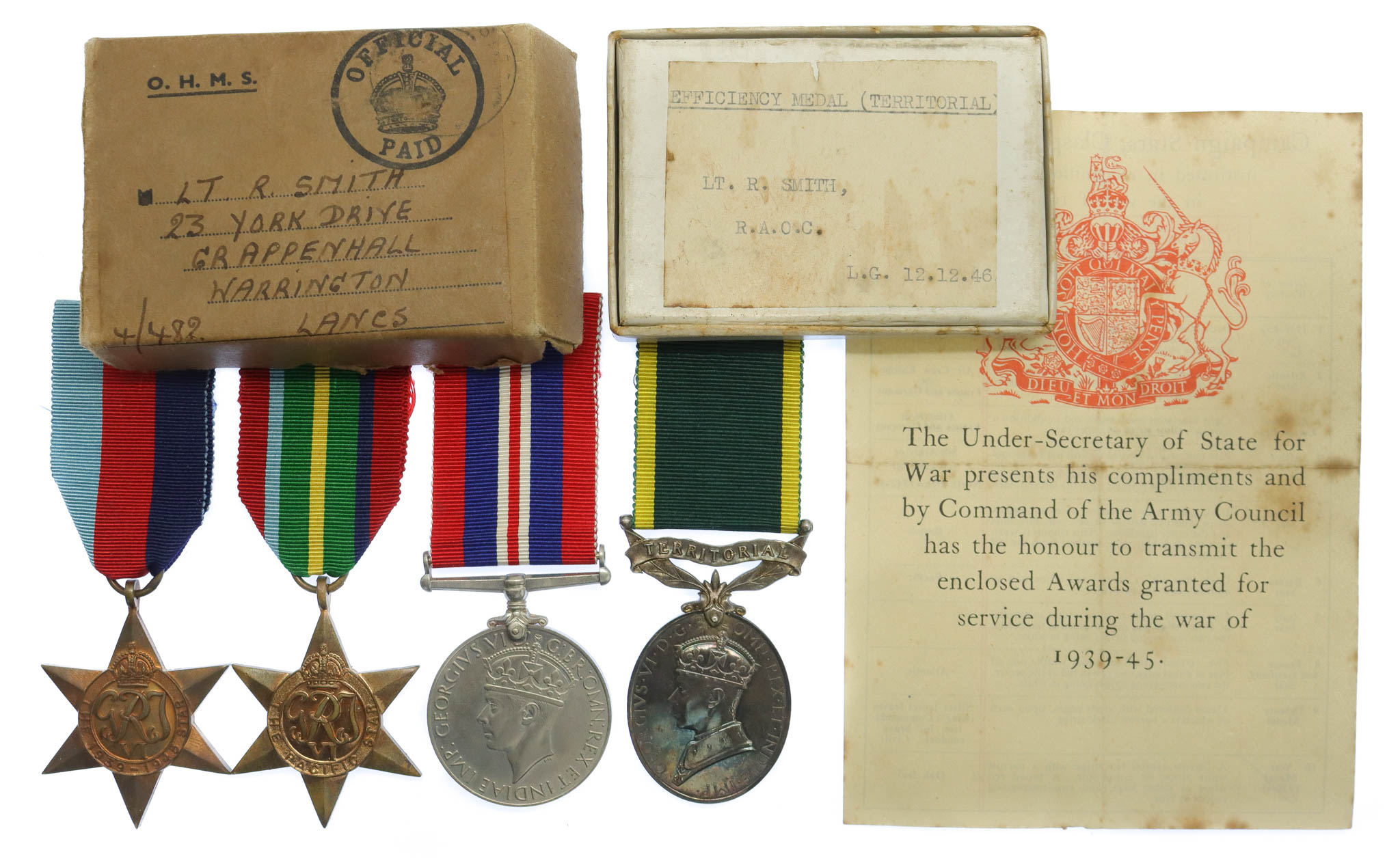 WW2 Japanese Prisoner of War Territorial Efficiency Medal Group of Four - Lieut. R. Smith, Royal Army Ordnance Corps