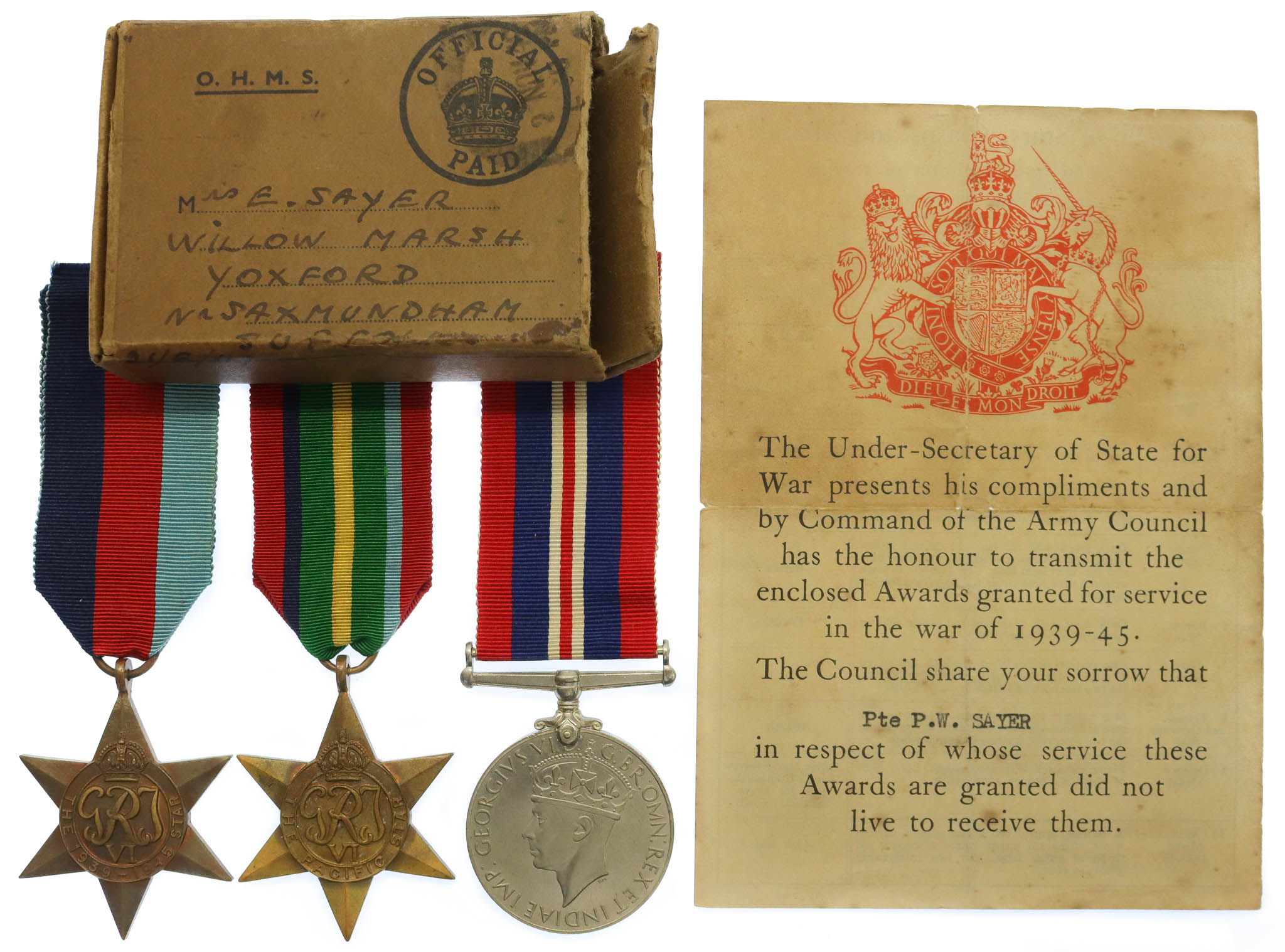 WW2 Fall of Singapore Casualty Medal Group of Three - Pte. P.W. Sayer, 4th Bn. Suffolk Regiment