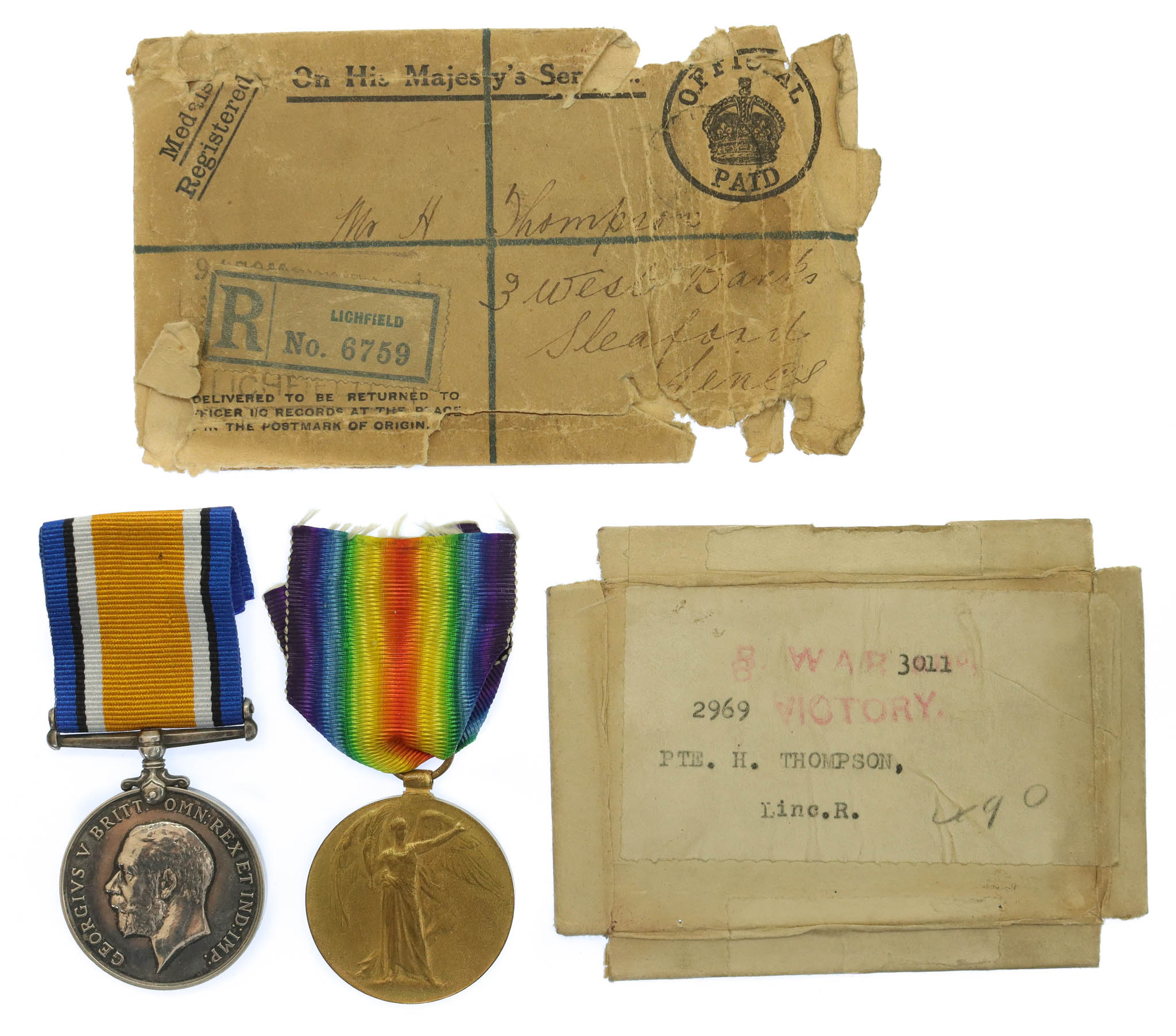 WW1 Prisoner of War British War & Victory Medal Pair - Pte. H. Thompson, Lincolnshire Regiment