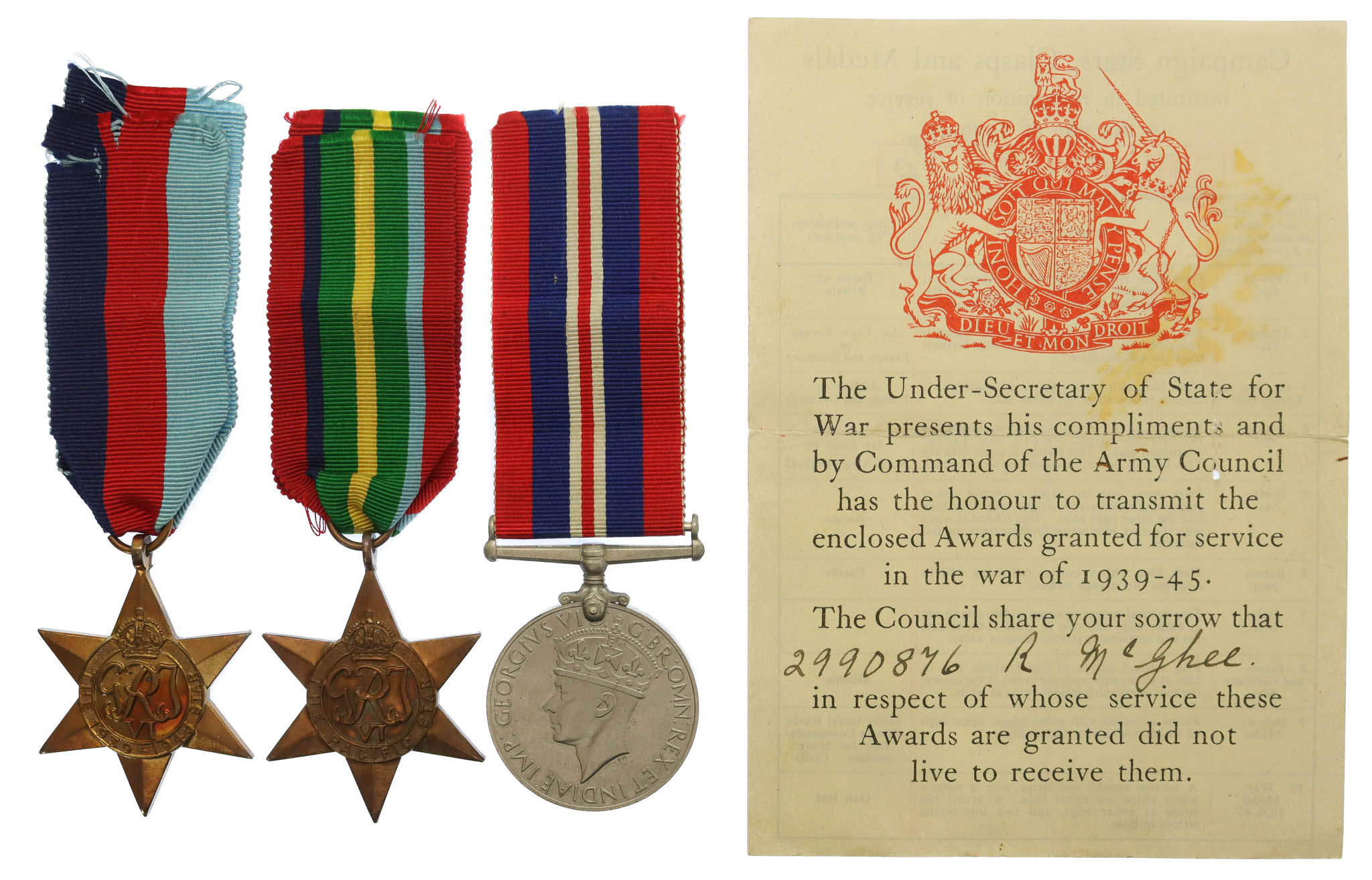 WW2 Japanese Prisoner of War Casualty Medal Group of Three - Pte. R. McGhee, 2nd Bn. Argyll & Sutherland Highlanders