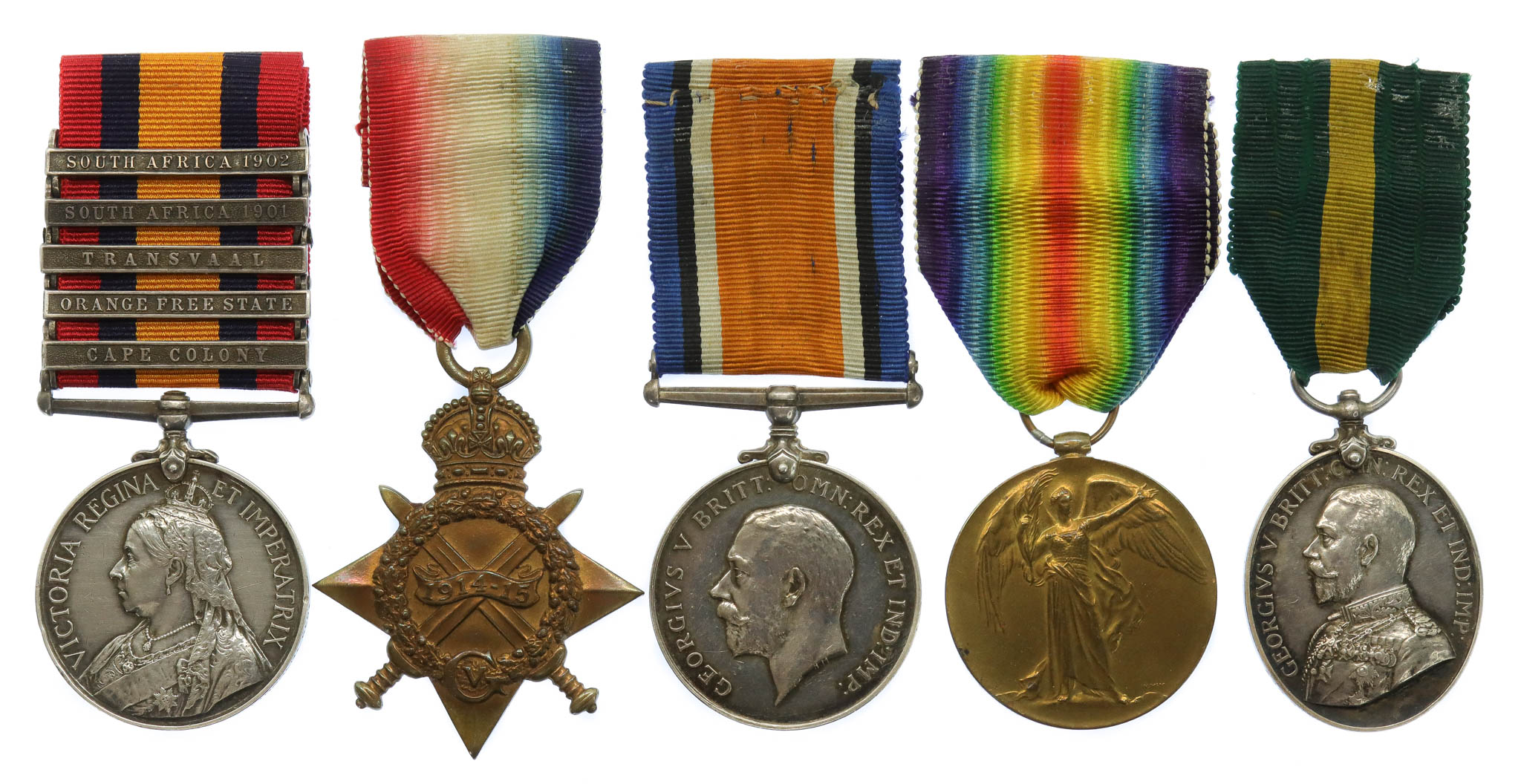 QSA (5 Clasps), WW1 1914-15 Star, British War Medal, Victory Medal & TFEM Medal Group of Five - Sgt. J. Brown, Lincolnshire Regiment