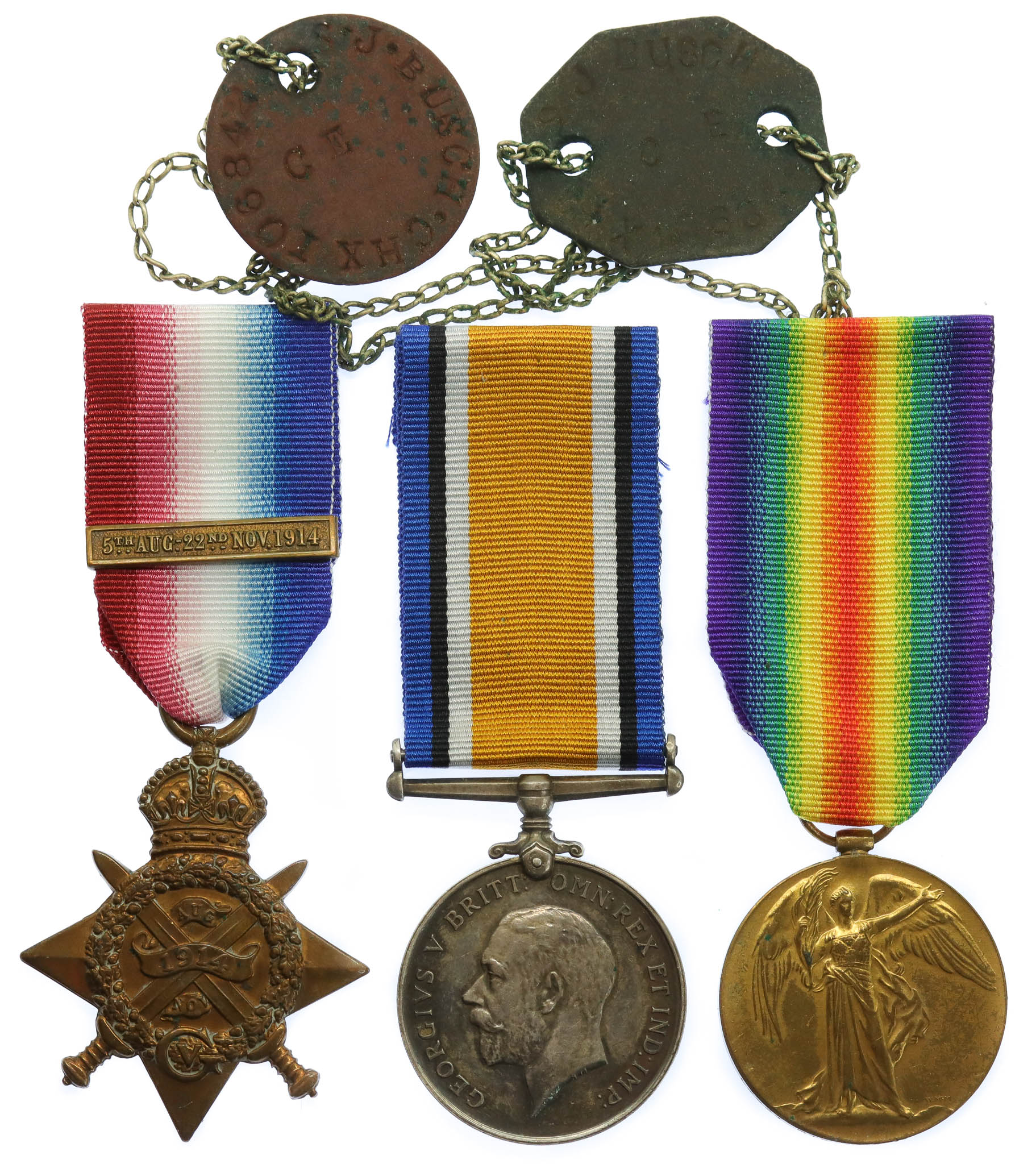 WW1 1914 Star Medal Trio with Dog Tags - Pte. J. Bush, 16th Lancers