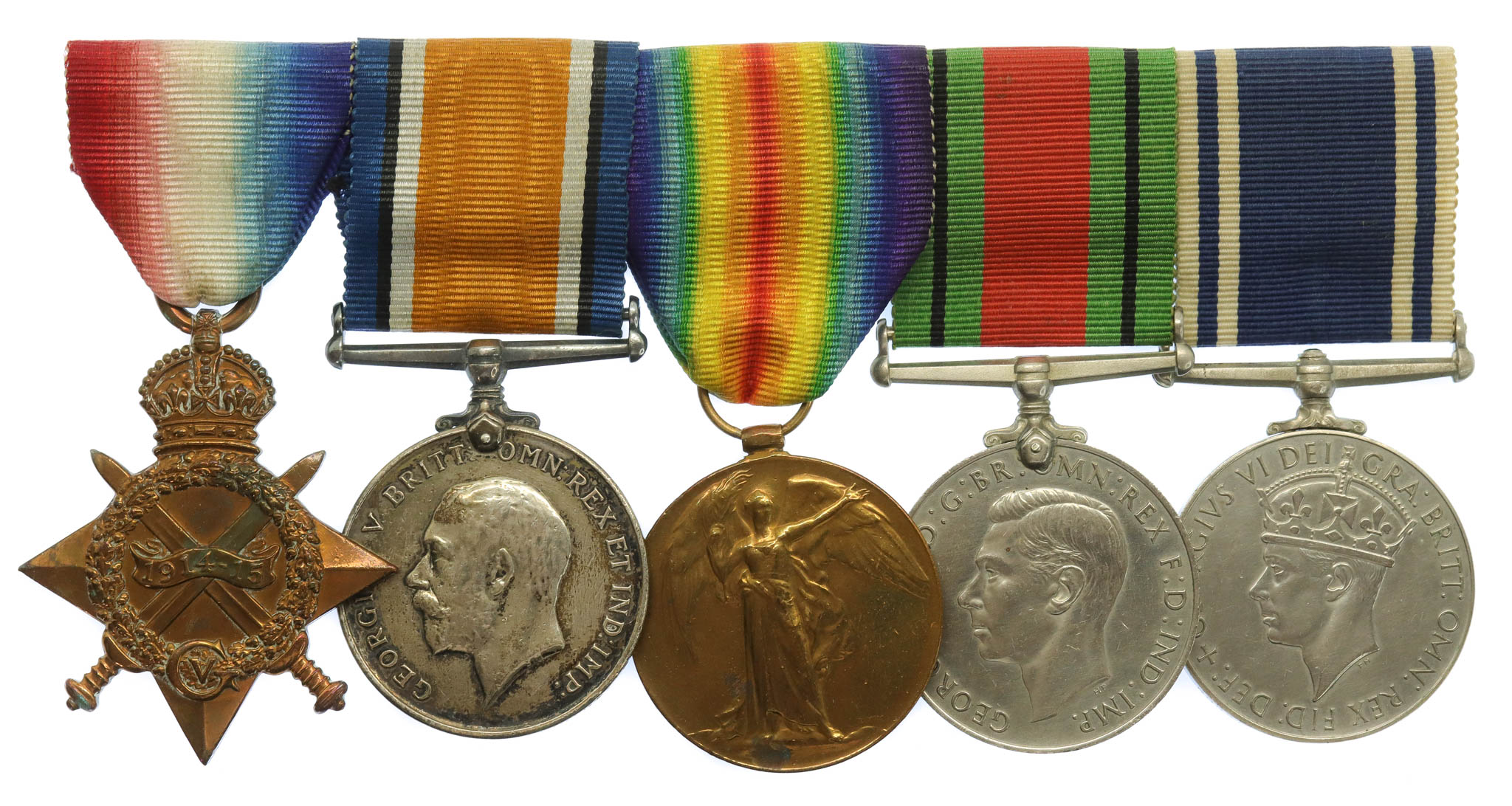 WW1 1914-15 Star, British War Medal, Victory Medal, WW2 Defence Medal and Police LS&GC Medal Group of Five - Gnr. G.R. Merchant, Royal Artillery