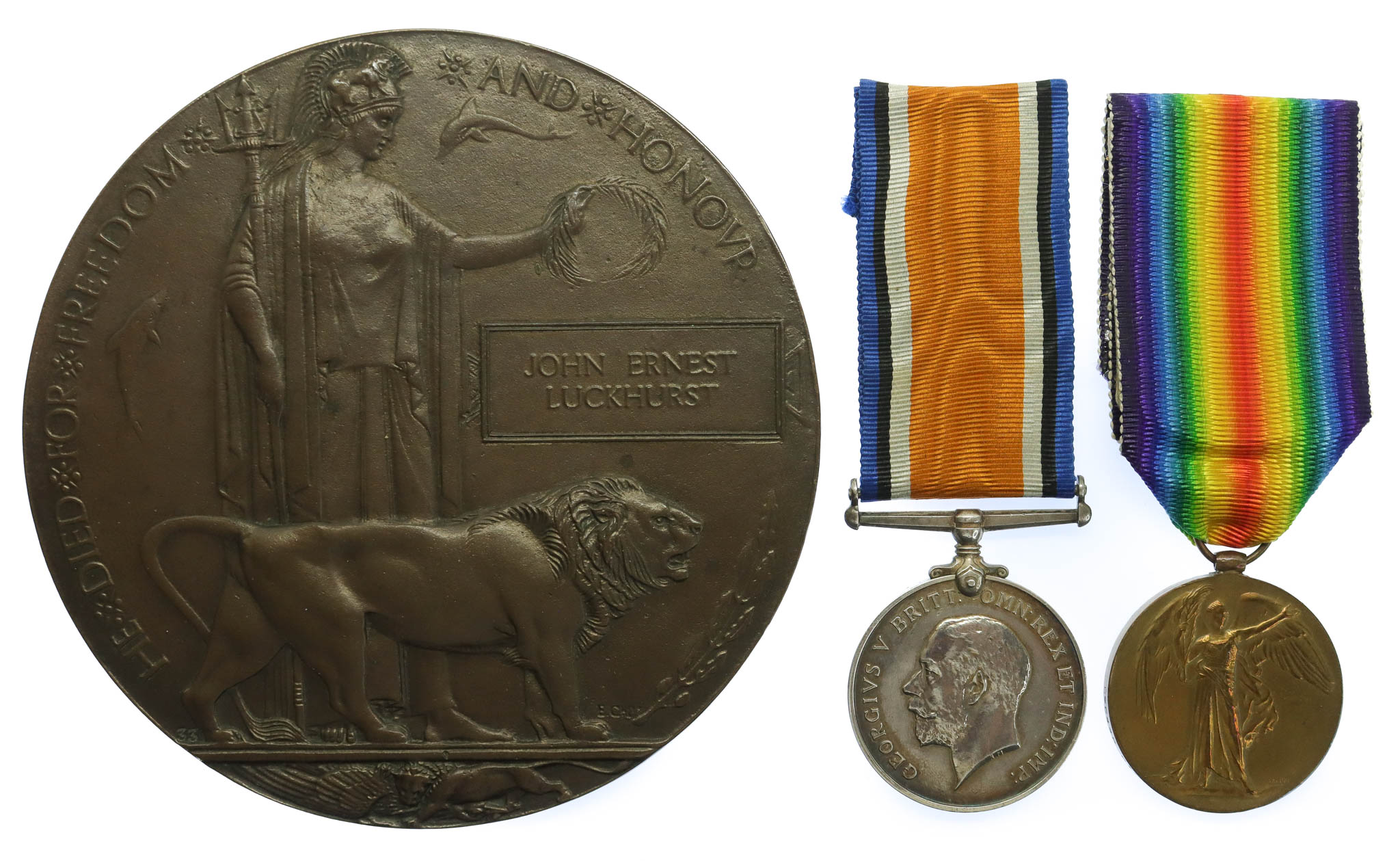 WW1 British War Medal, Victory Medal and Memorial Plaque - Pte. J.E. Luckhurst, 1st Bn. East Kent Regiment (The Buffs) - Died of Wounds 18/9/16