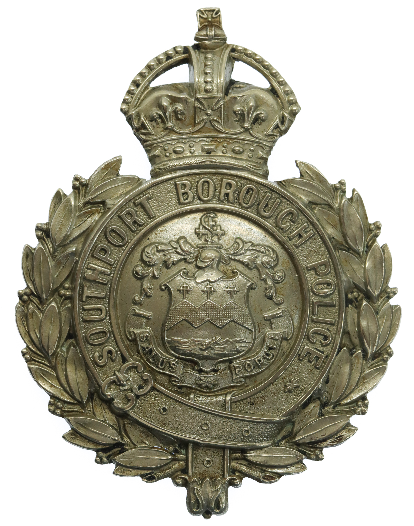 Southport Borough Police Wreath Helmet Plate - King's Crown (Repaired)