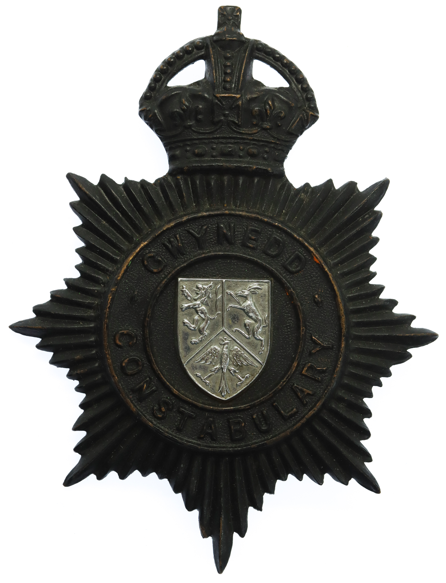 Gwynedd Constabulary Night Helmet Plate - King's Crown (Missing One Lug)