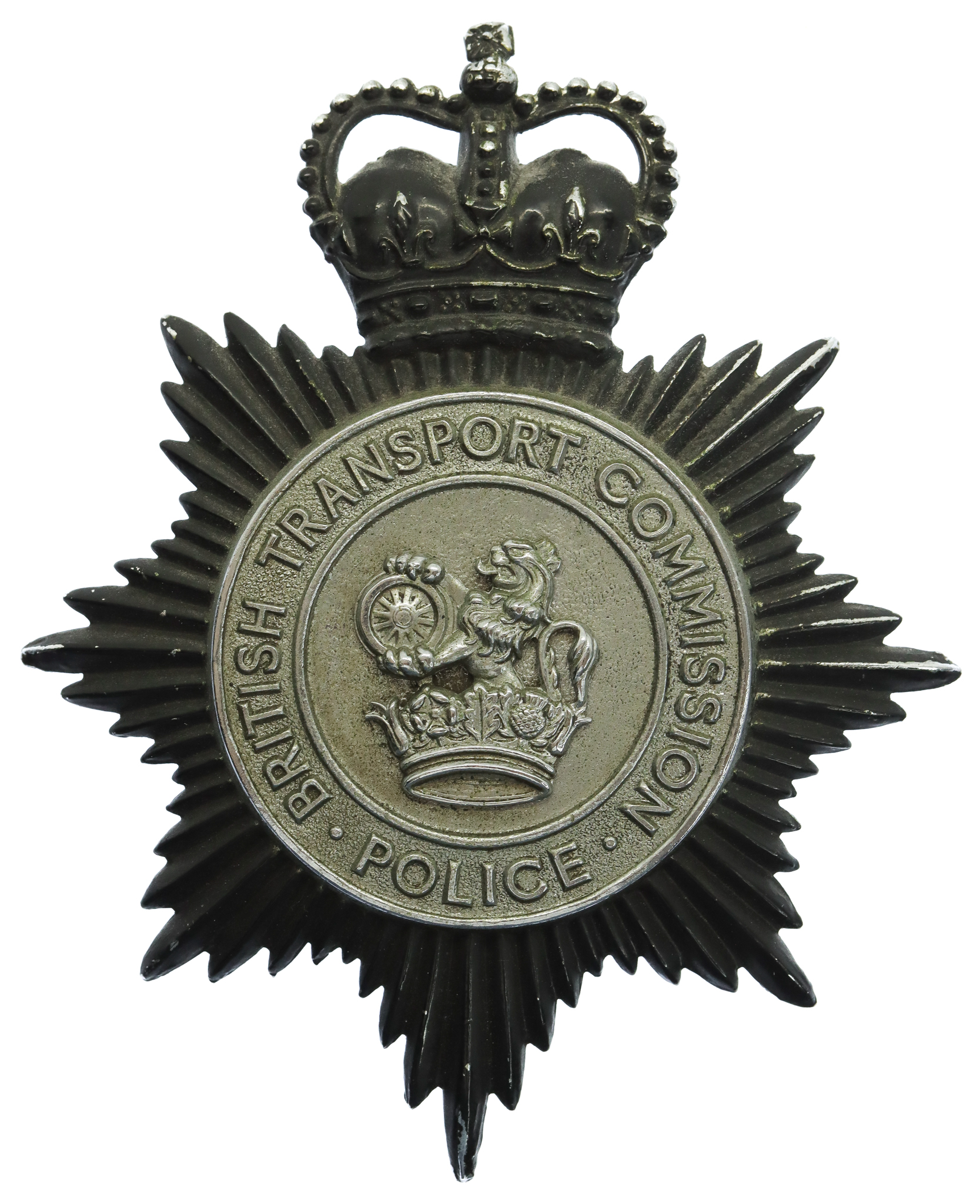 British Transport Commission Police Blackened Chrome Helmet Plate - Queen's Crown