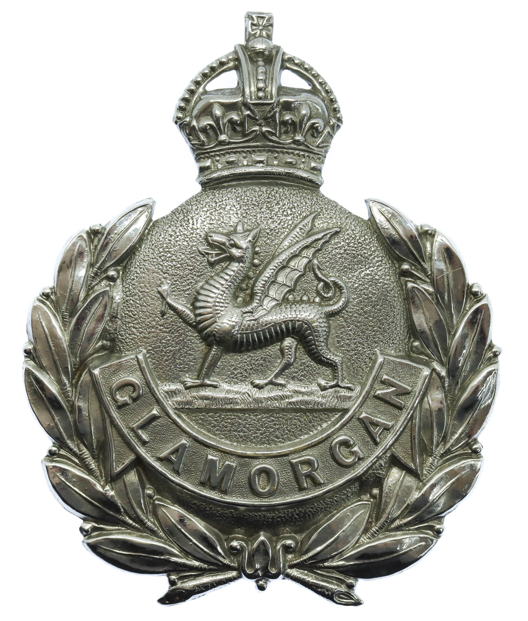 Glamorgan Constabulary Chrome Wreath Helmet Plate - King's Crown