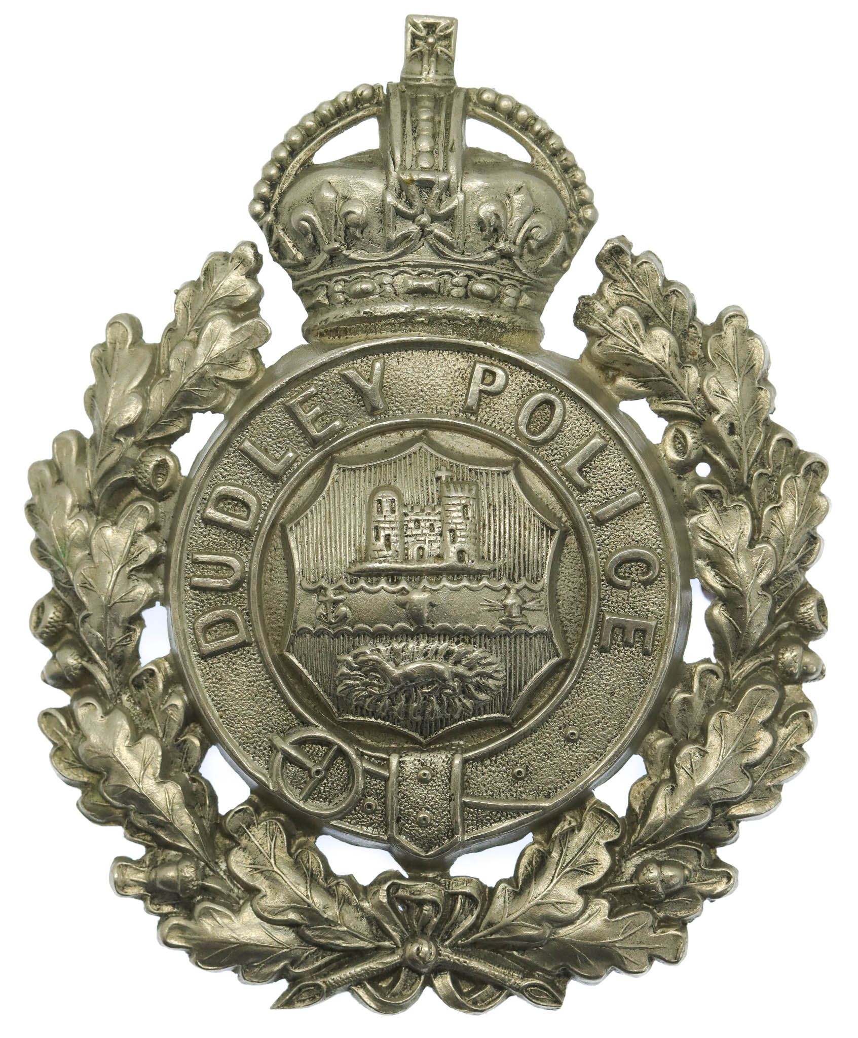 Dudley Borough Police White Metal Helmet Plate - King's Crown