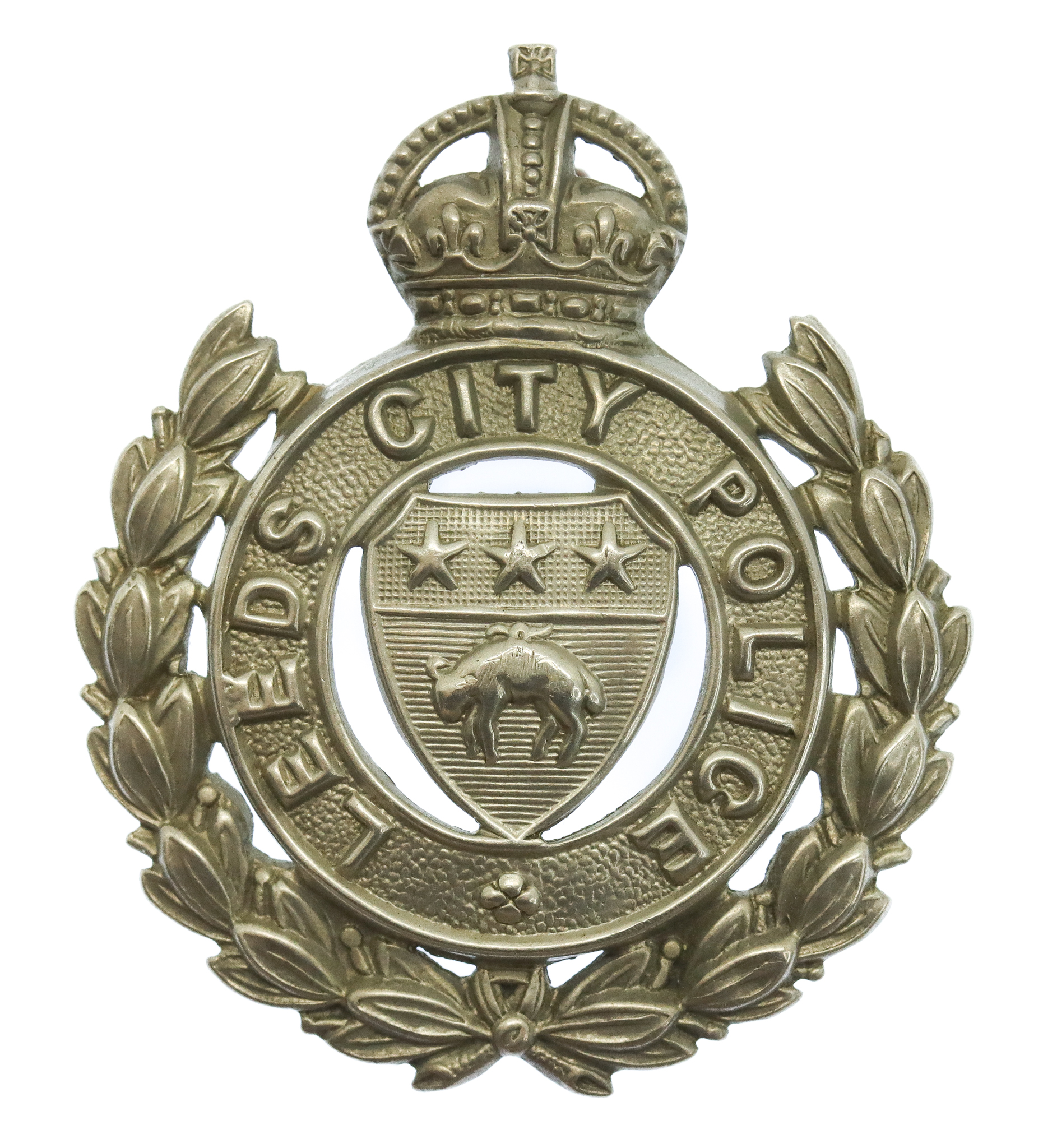 Leeds City Police White Metal Wreath Cap Badge - King's Crown