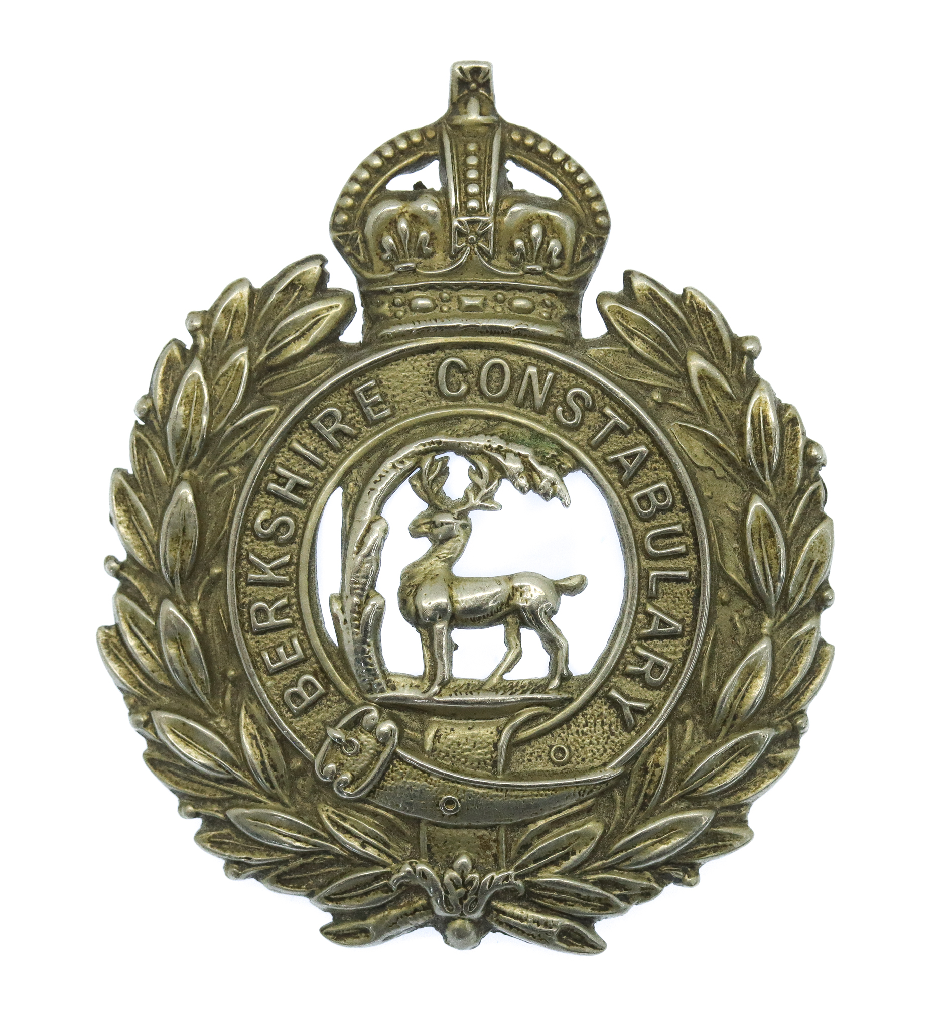 Berkshire Constabulary White Metal Wreath Cap Badge - King's Crown