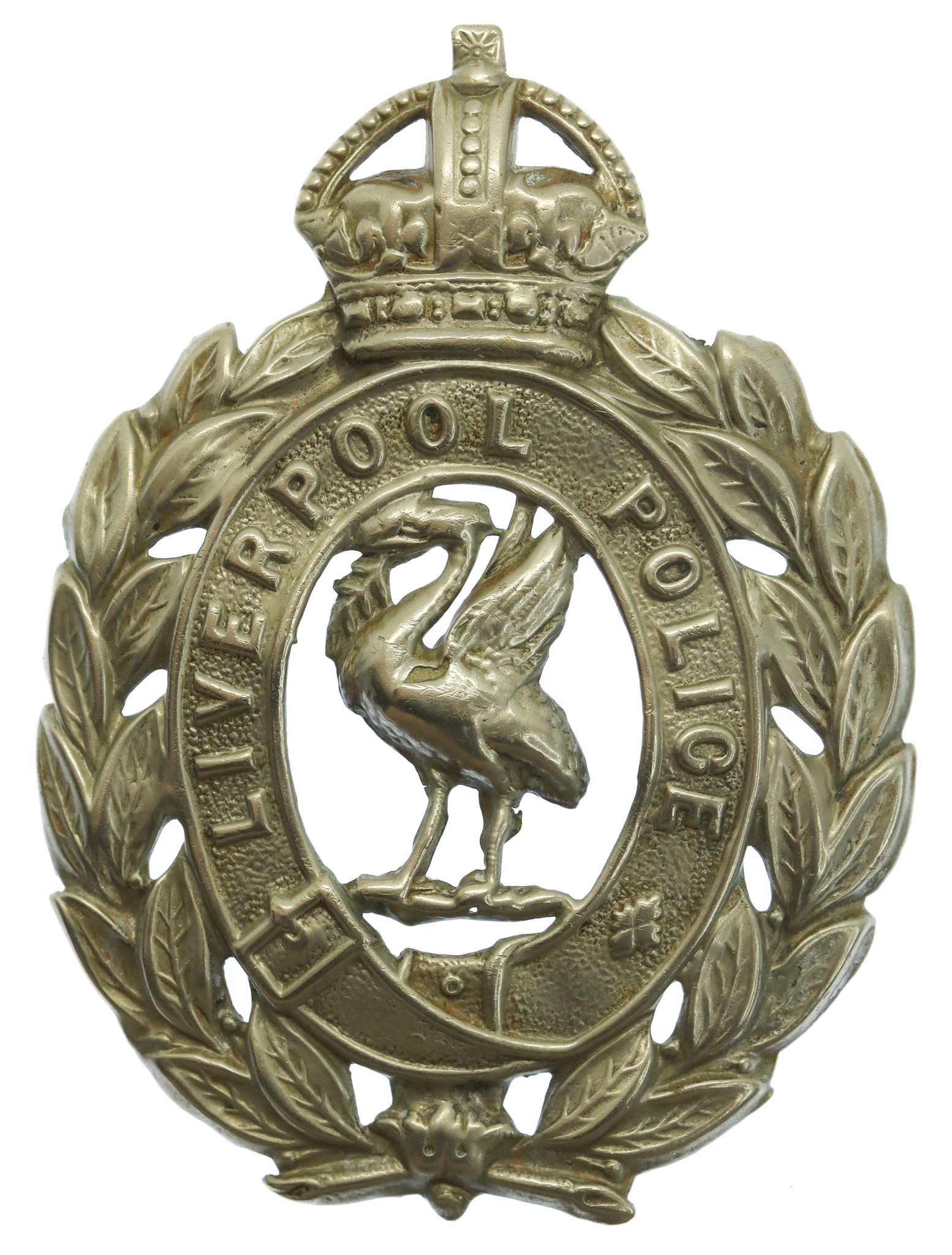 Liverpool City Police White Metal Wreath Helmet Plate - King's Crown