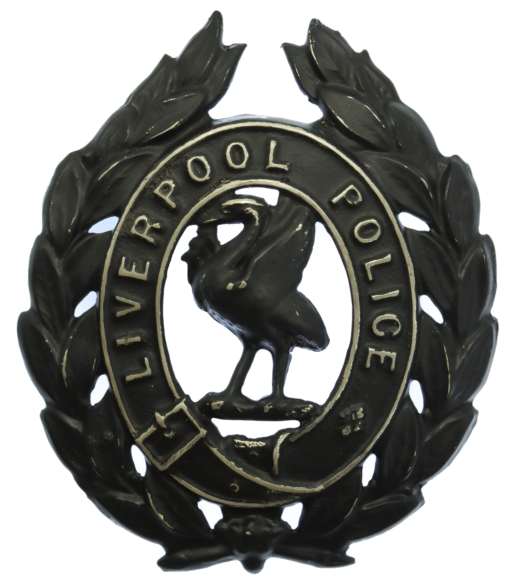 Liverpool City Police Blackened White Metal Wreath Helmet Plate