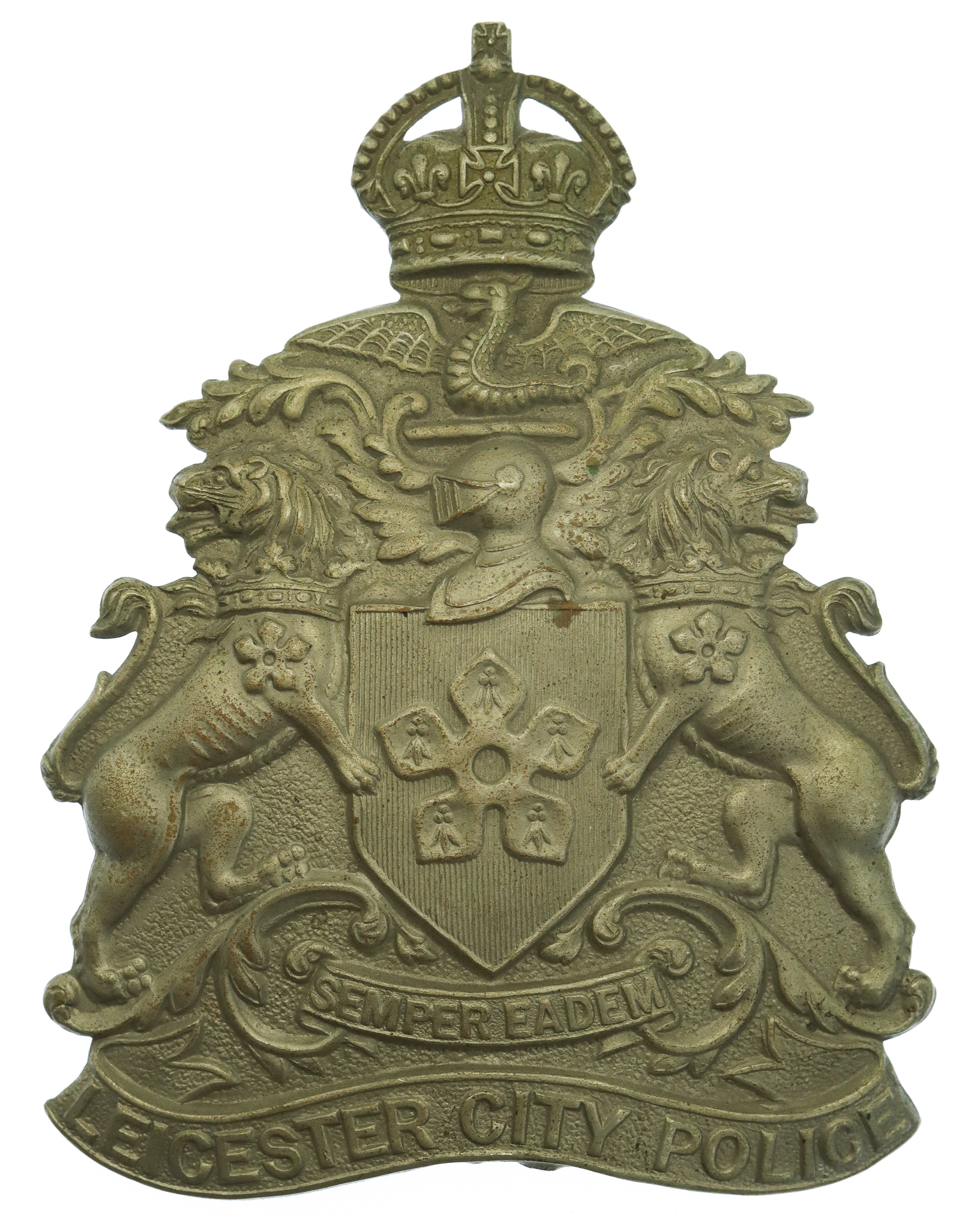 Leicester City Police White Metal Helmet Plate - King's Crown