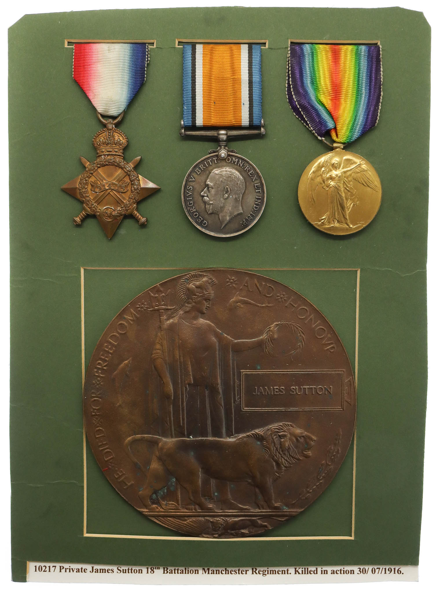 WW1 1914-15 Star, British War Medal, Victory Medal and Memorial Plaque - Pte. J. Sutton, 18th (3rd City Pals) Bn. Manchester Regiment - K.I.A. 30/7/16