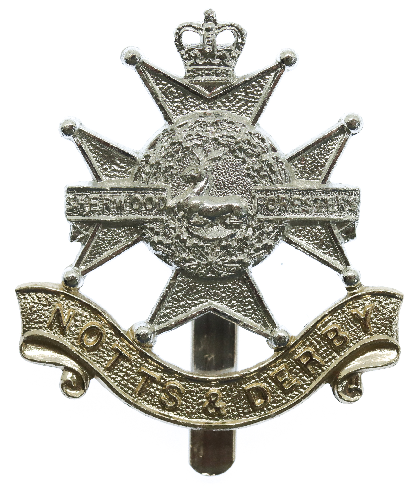 Notts & Derby Regiment (Sherwood Foresters) Anodised (Staybrite) Cap Badge - Queen's Crown
