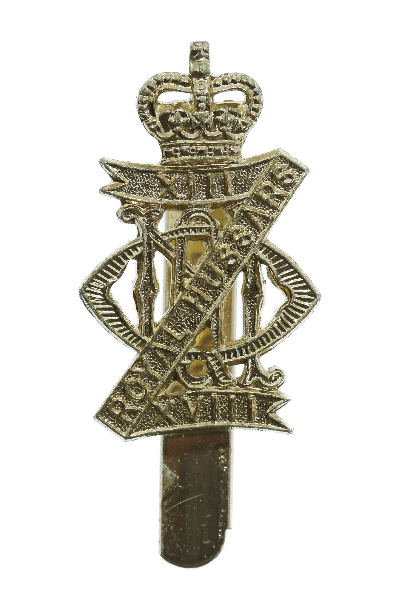 13th/18th Royal Hussars Anodised (Staybrite) Cap Badge - Queen's Crown