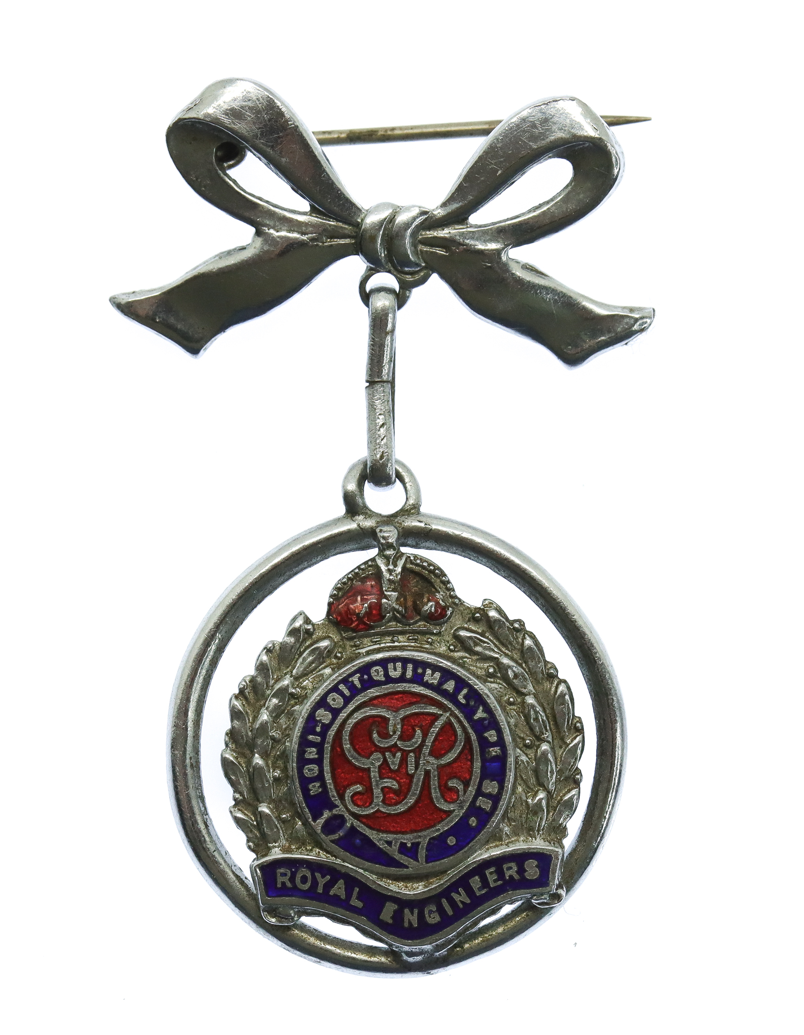George VI Royal Engineers Enamelled Bow Suspension Sweetheart Brooch