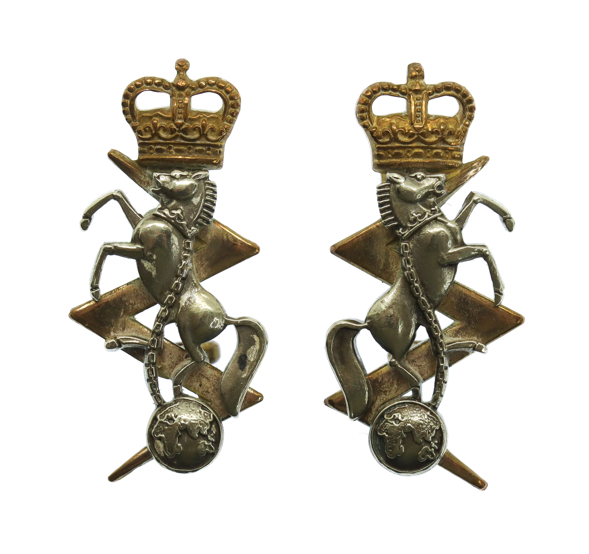 Pair of Royal Electrical & Mechanical Engineers (R.E.M.E.) Officer's Collar Badges - Queen's Crown