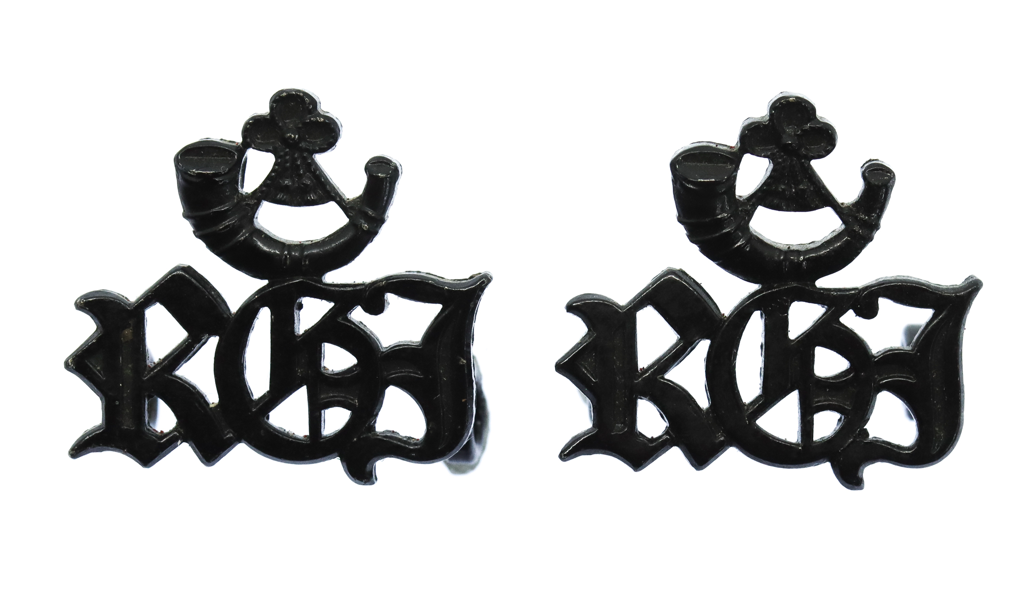 Pair of Royal Green Jackets (Bugle/RGJ) Black Anodised (Staybrite) Shoulder Titles