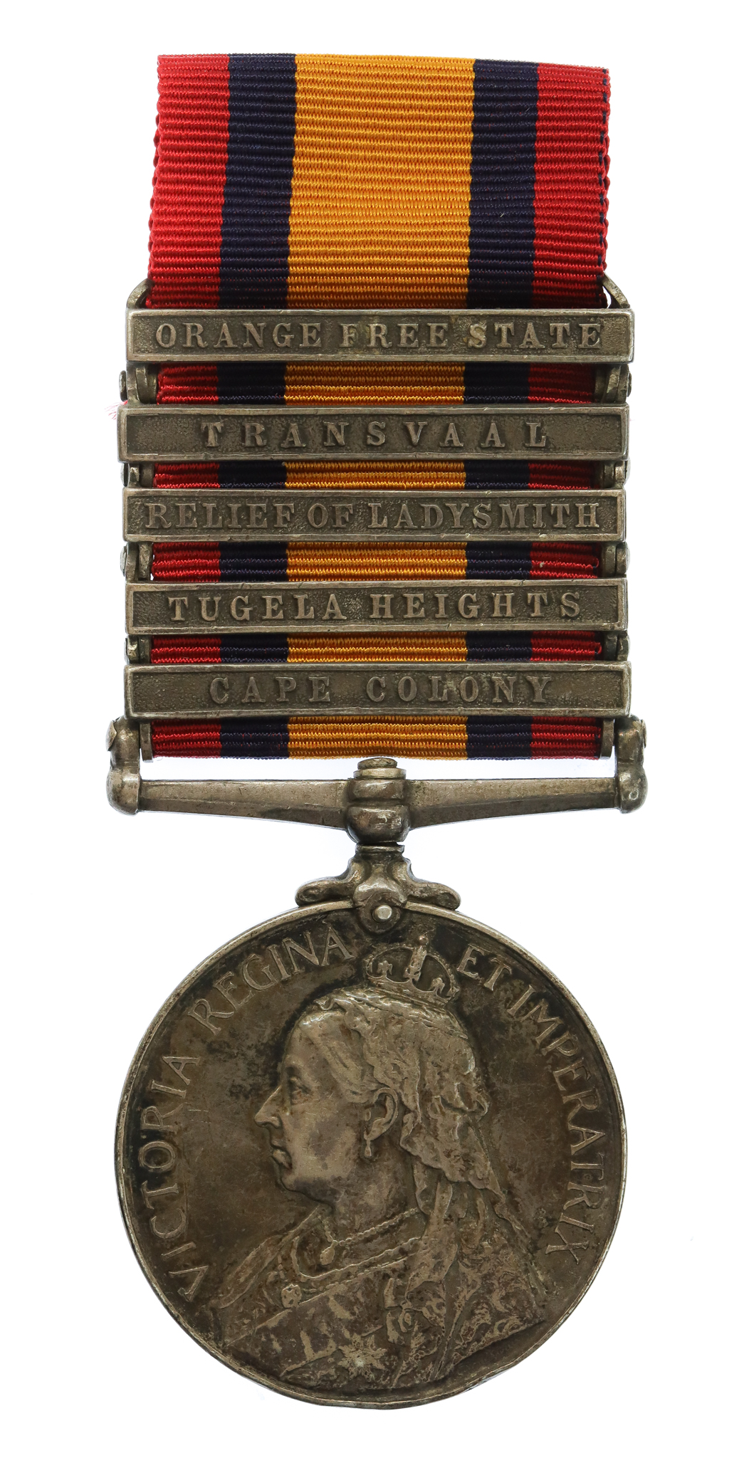 Queen's South Africa Medal (5 Clasps - Cape Colony, Tugela Heights, Relief of Ladysmith, Transvaal, Orange Free State) - Pte. W. Gorvett, Royal Welsh Fusilliers